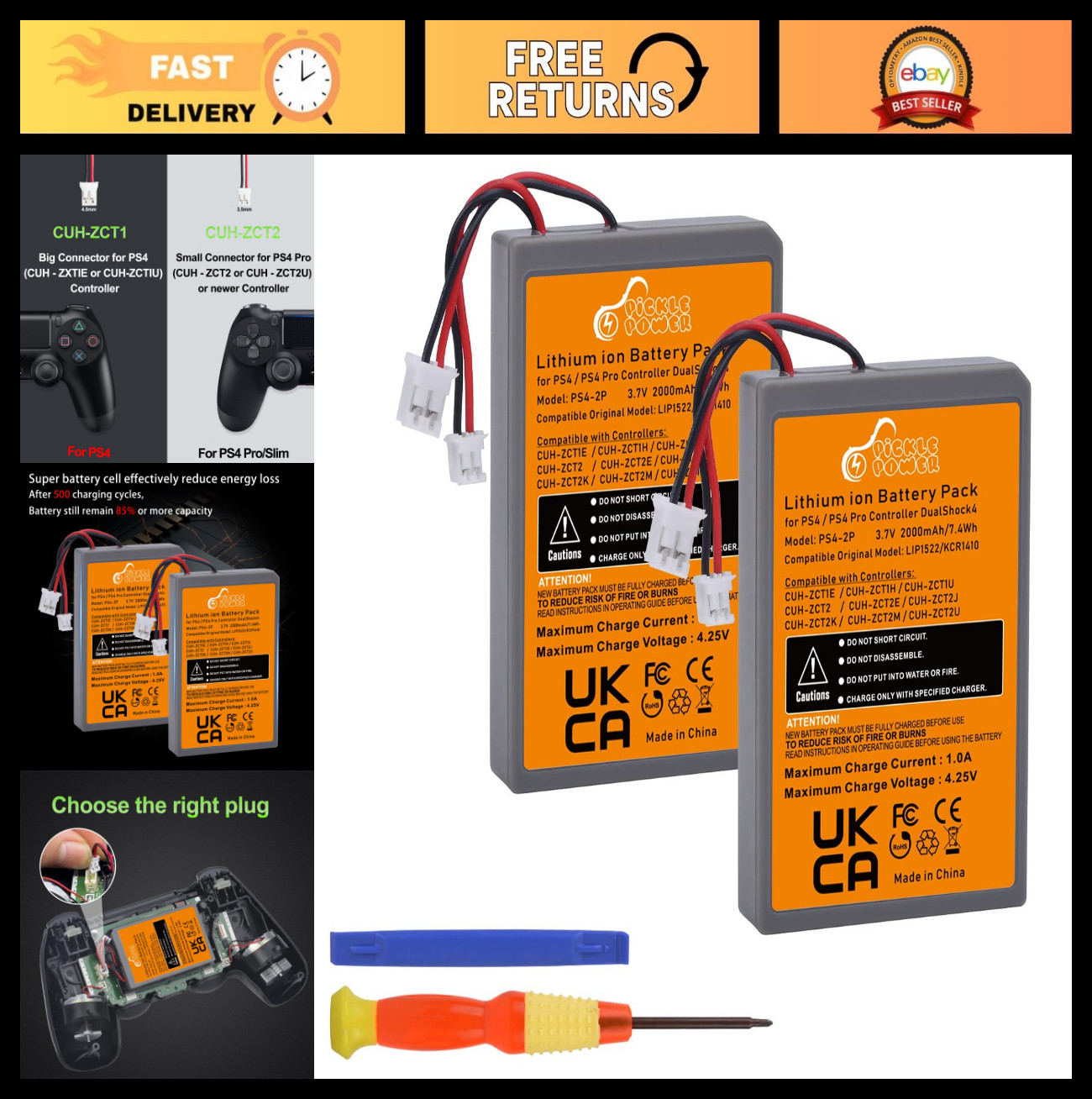2000mAh PS4 Controller Battery Replacement – 2 Pack for PlayStation 4 DualShock