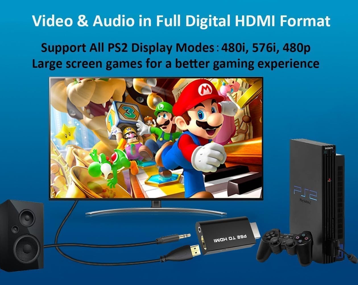 PS2 to HDMI Converter Adapter Video Output 3.5mm Audio Cable