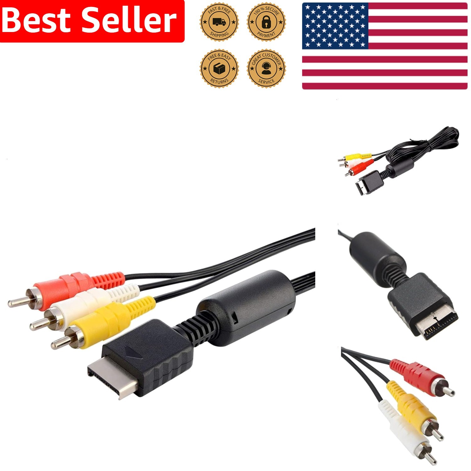 Genuine PS3 AV Cable 6 Foot Composite RCA Cord for Gaming Console