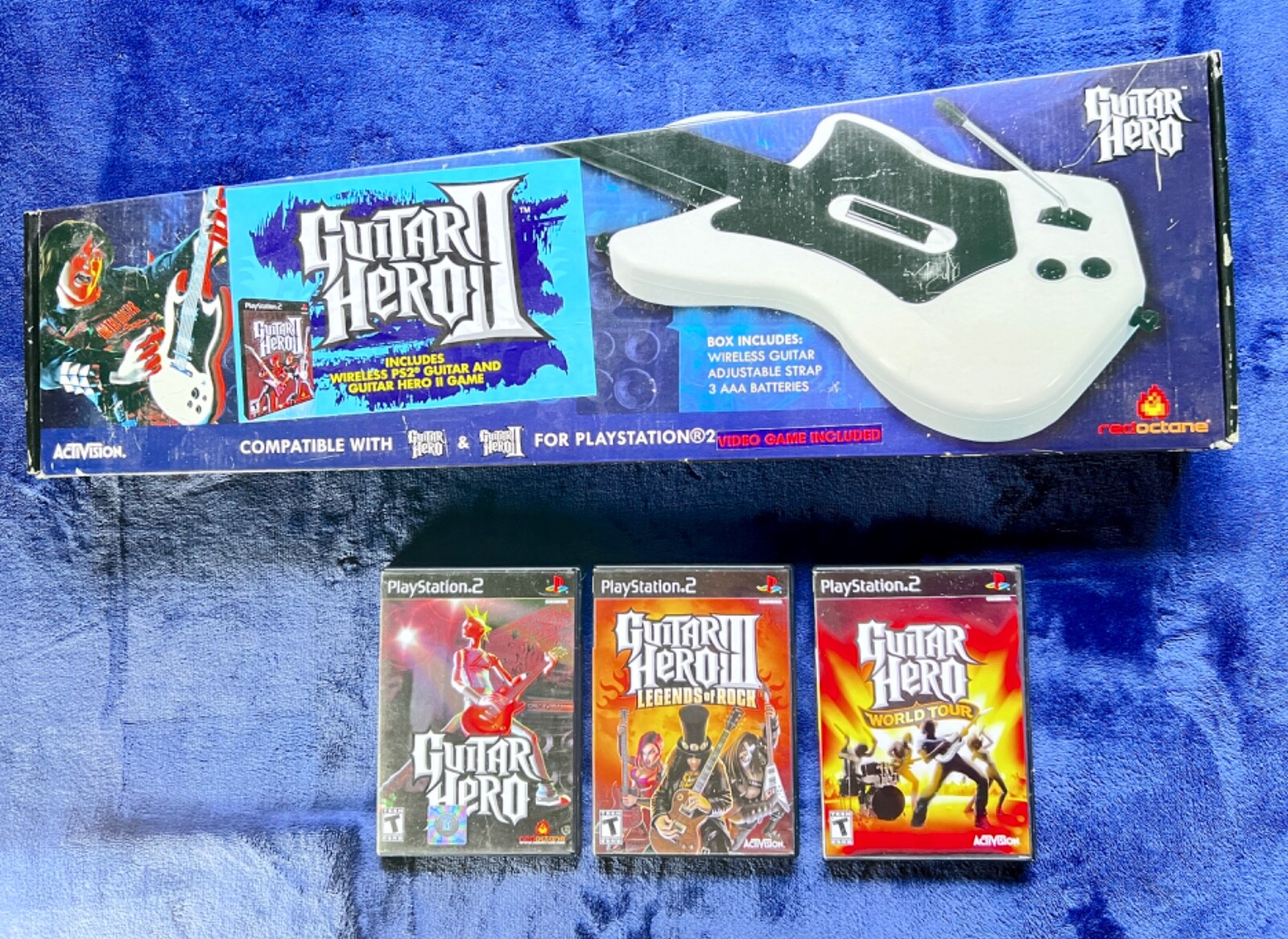 New PlayStation 2 Red Octane Wireless Guitar Hero II and Game with 3 Used Games