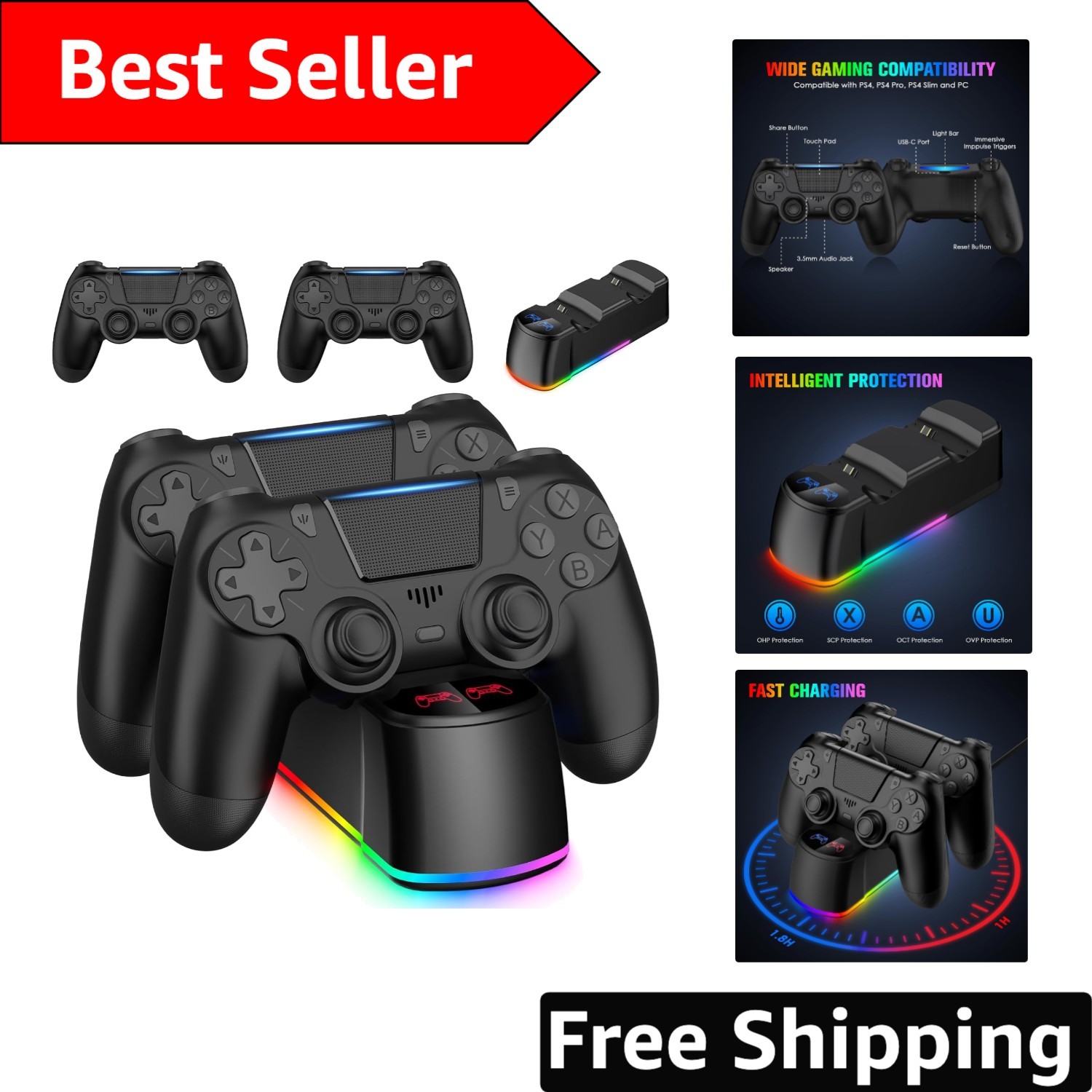 2 Pack PS4 Wireless Controllers with Fast Charging LED Dock, Black