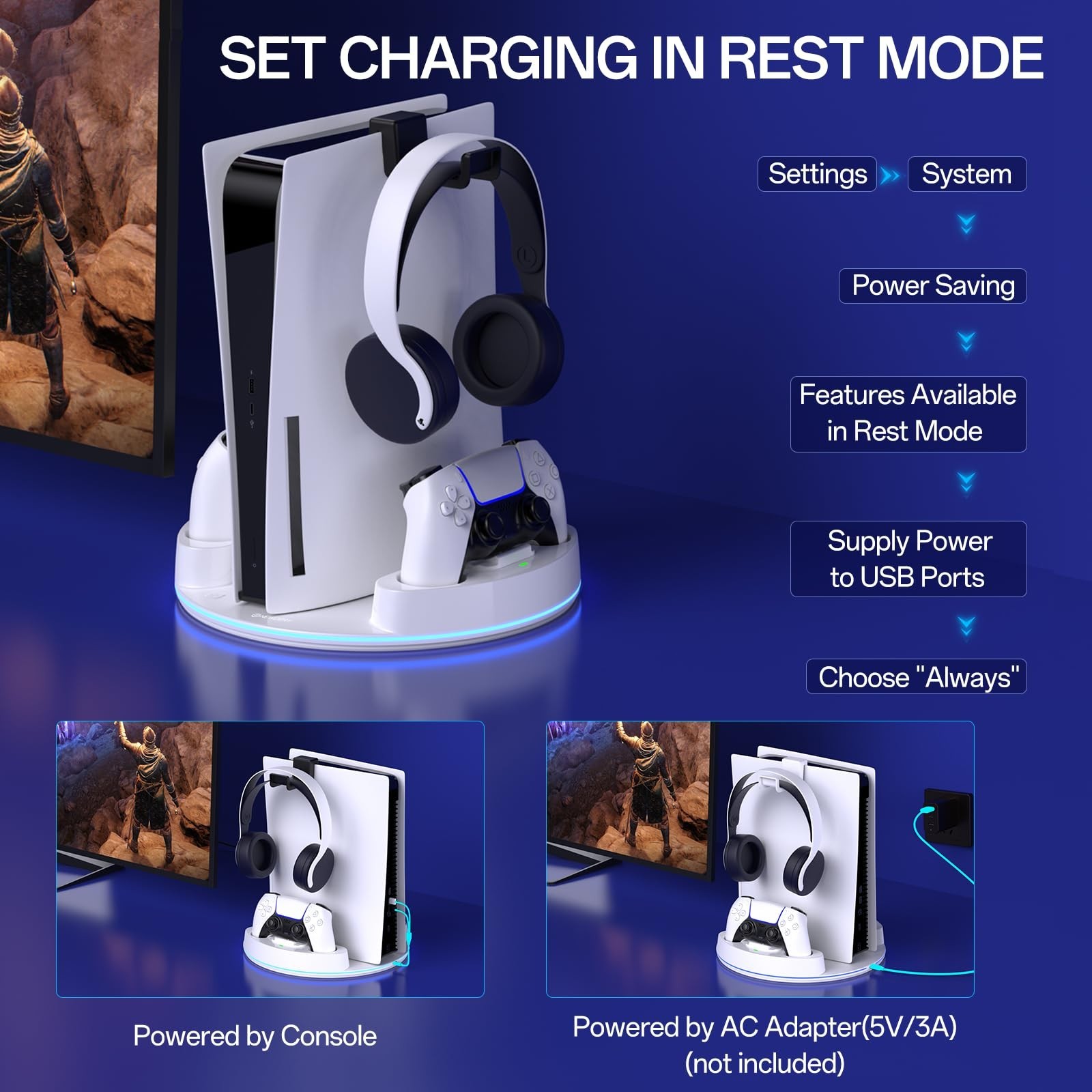 NEWDERY PS5 Charging Station for PlayStation 5/Slim/Pro Controller Charger Stand
