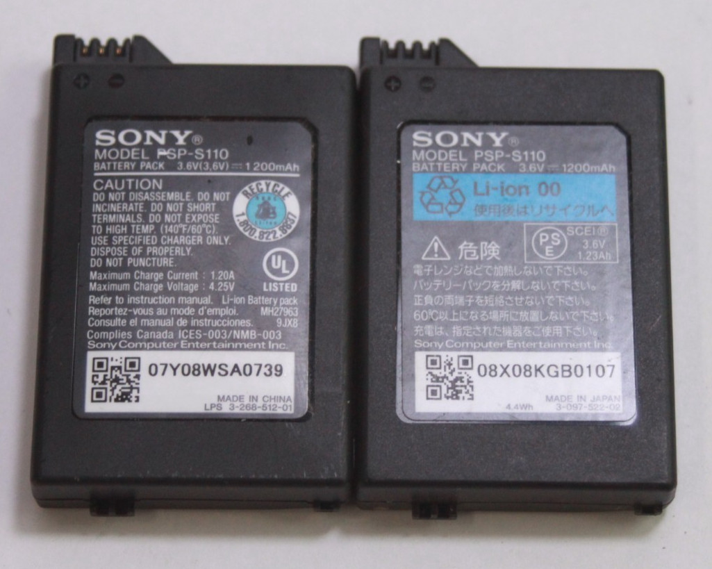 2X Sony PSP-S110 Li-Ion Battery Pack 3.6V 1200mAh for Sony PSP Handheld Untested