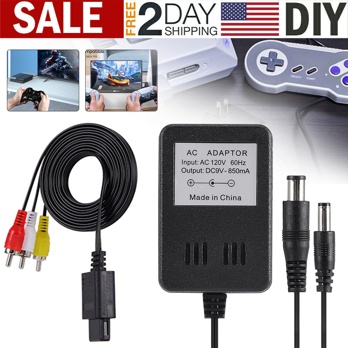 AV RCA Audio+AC Cable Power Supply Adapter Cord Set For Super Nintendo SNES Game