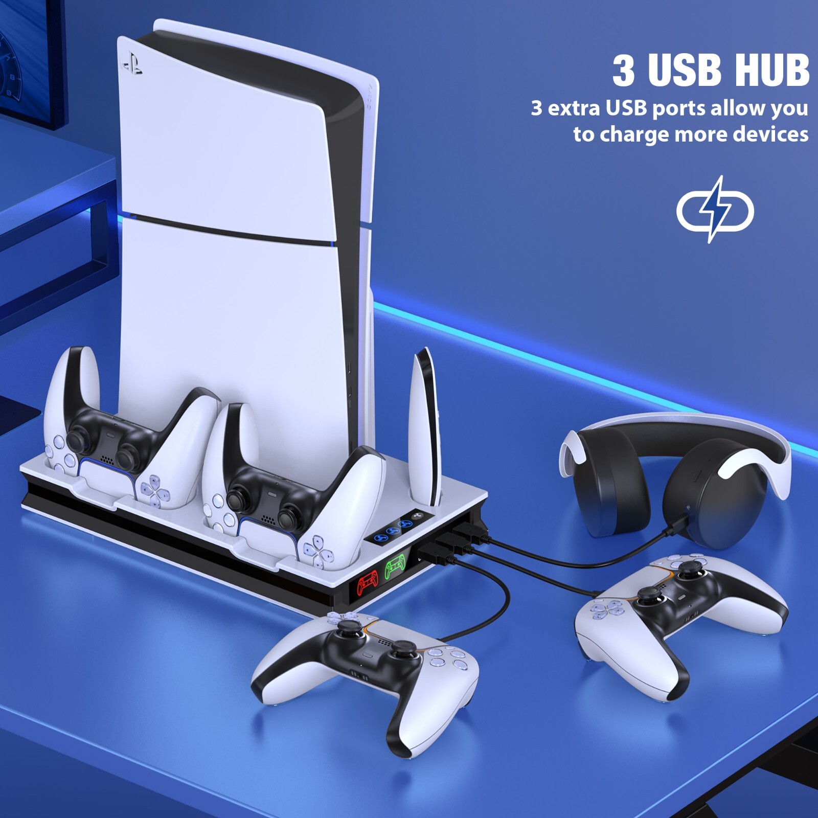 For PS5 Slim&PS5 Edition/Disc Dual Controller Charger Station Stand Cooling Fan