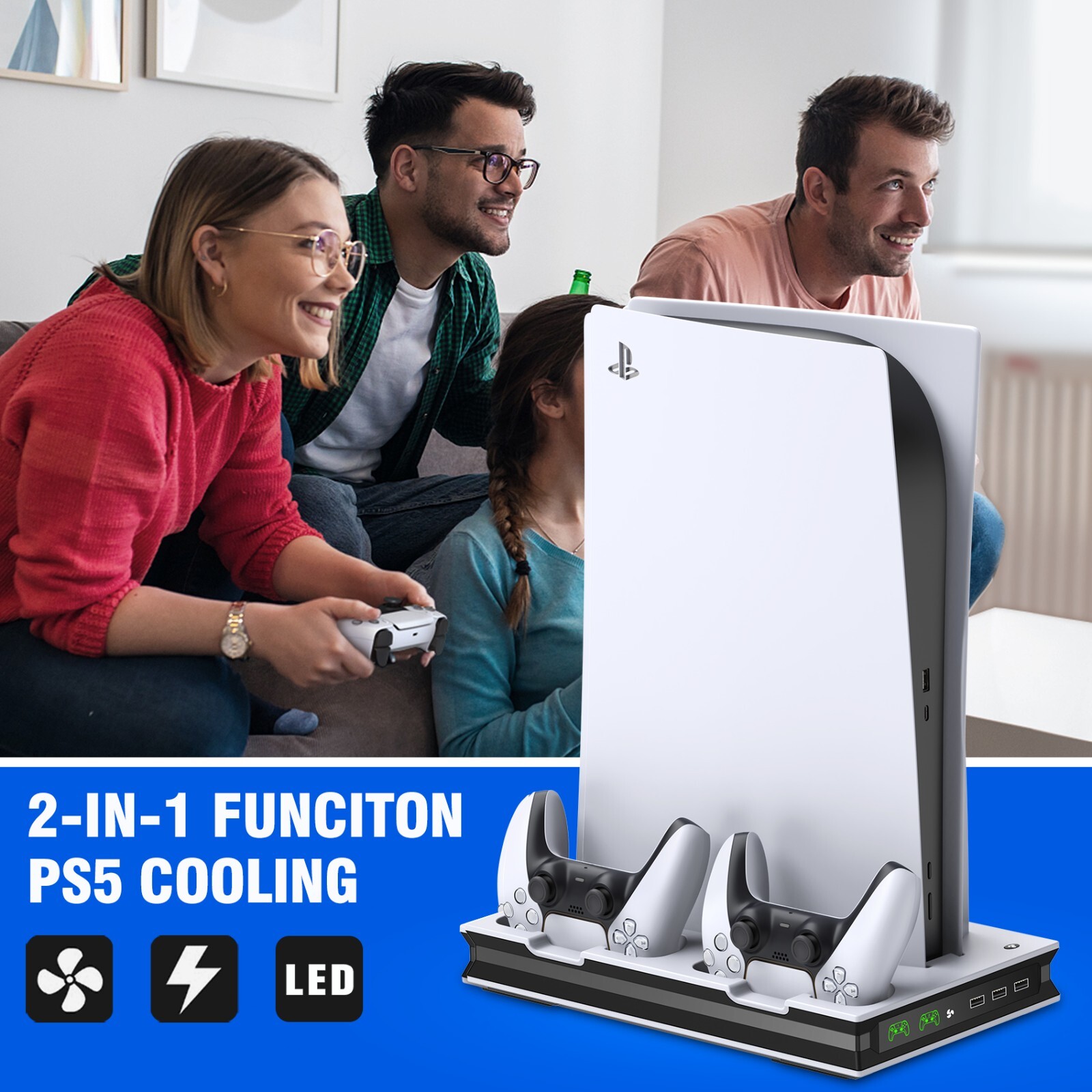 For PS5 Slim&PS5 Edition/Disc Dual Controller Charger Station Stand Cooling Fan