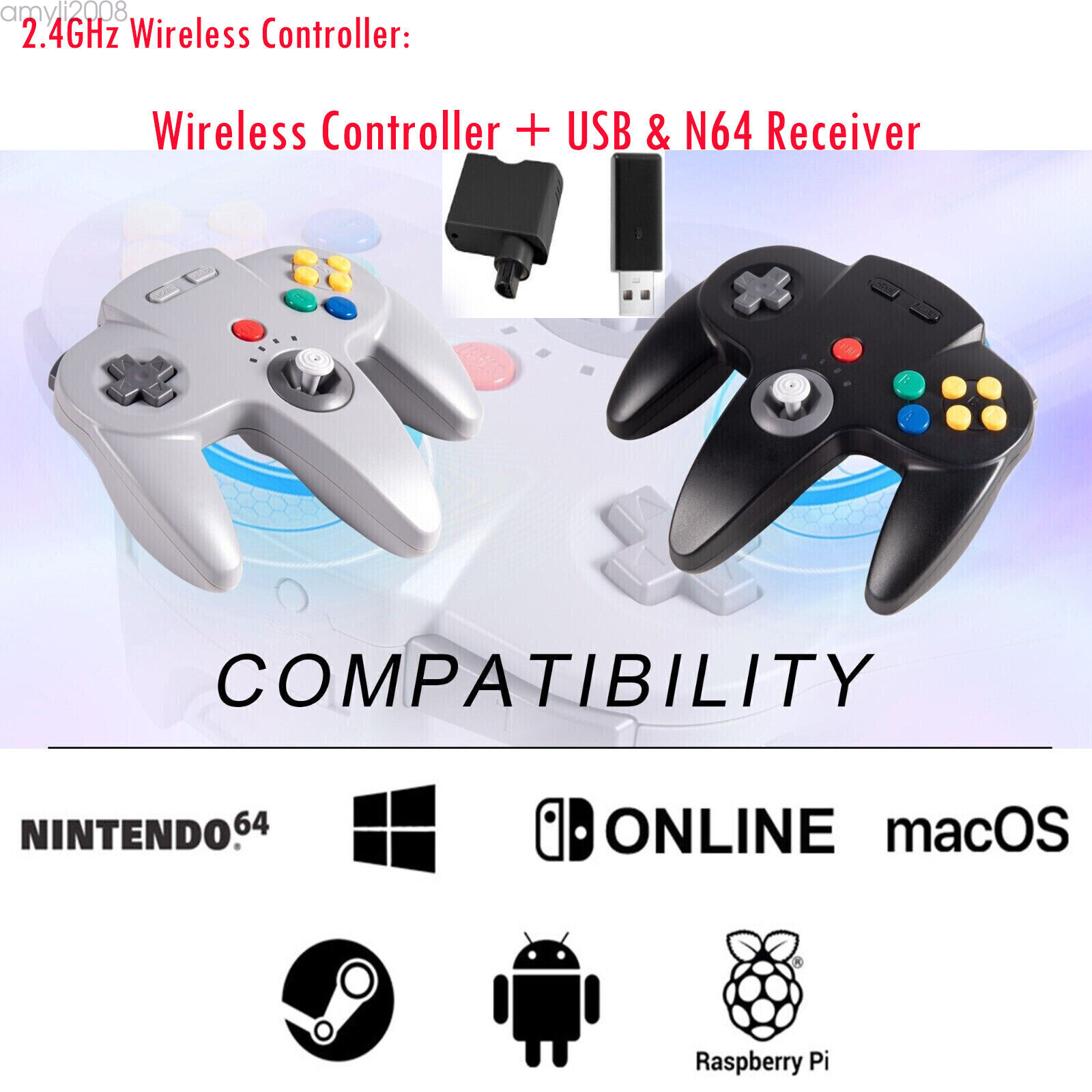 2.4G Wireless N64 Controller for Nintendo Switch PC Mac Windows/N64 w/Rumble Pak