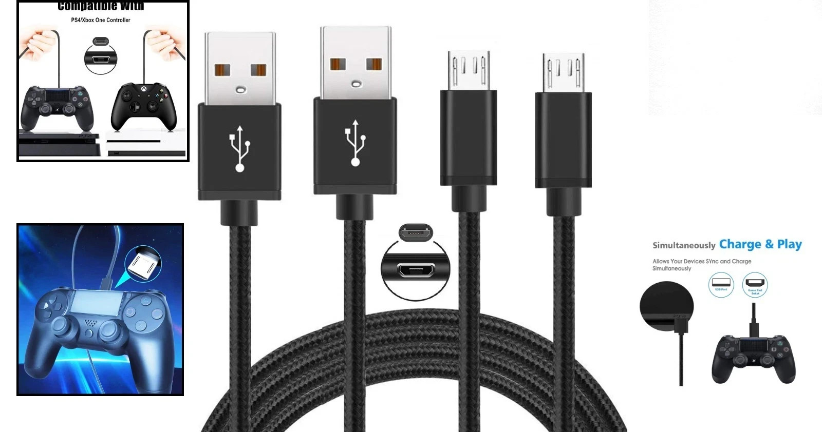 2-Pack 10FT PS4 & Xbox One Charger – Nylon Braided Micro USB Cable Black New