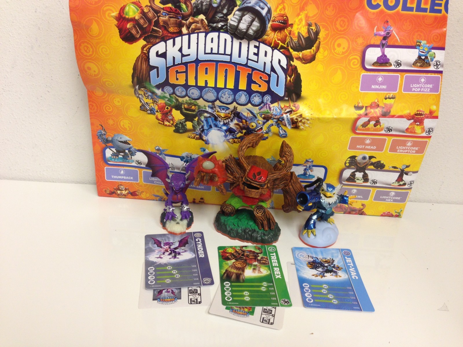 Skylanders Giants Tree Rex, Cynder & Jet-Vac figures+cards+codes+Poster