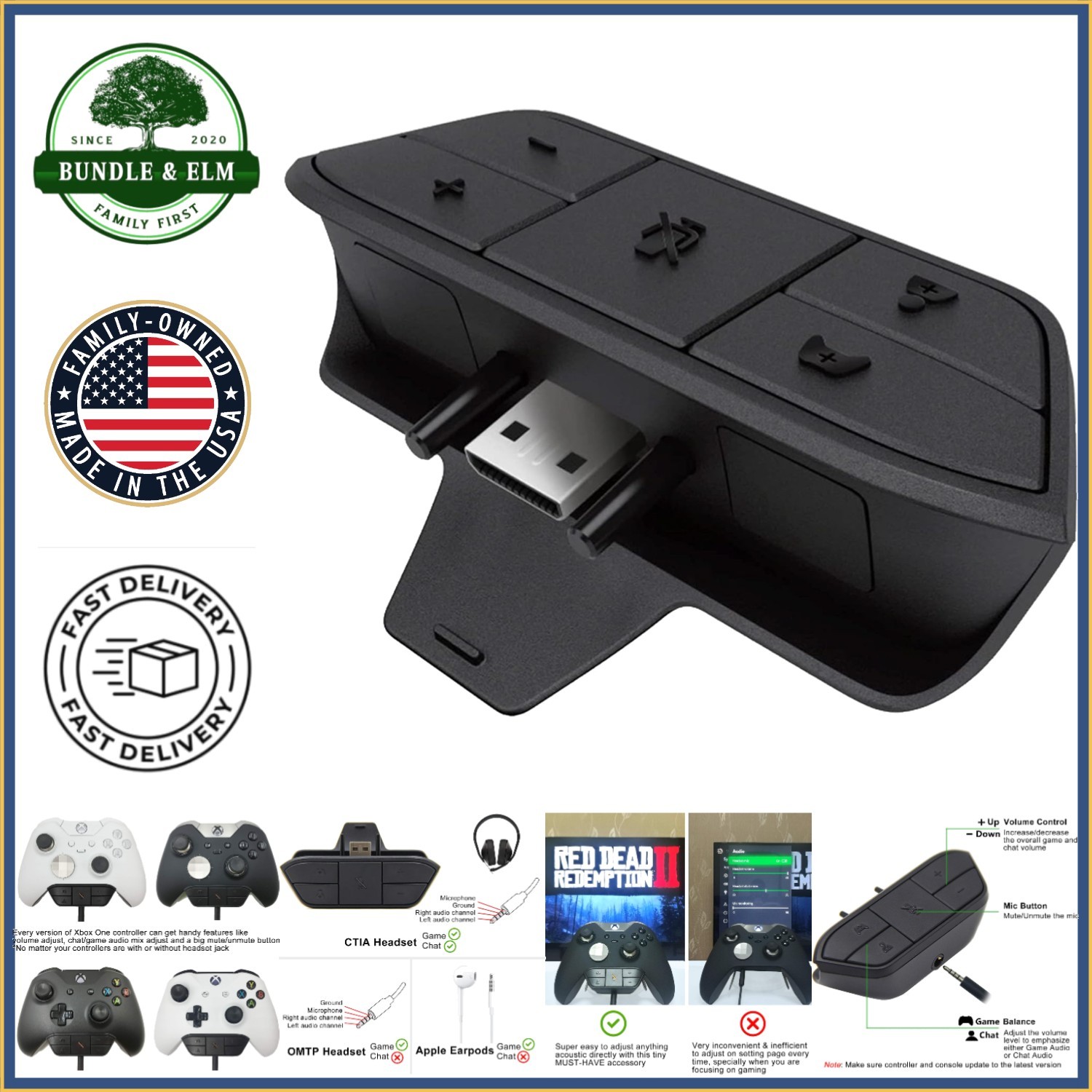 3.5mm Audio Jack Headset Adapter for Xbox Controllers with Mute Functionality