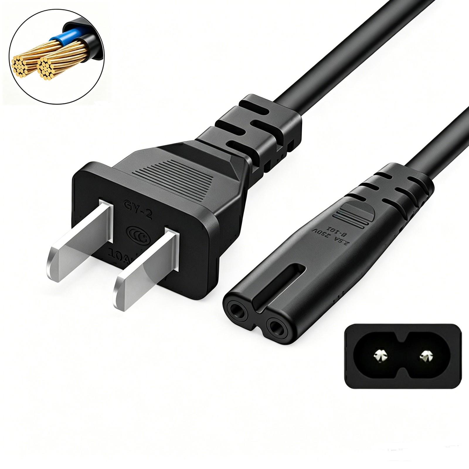 2 Prong AC Power Cord | Replacement Cable for Xbox Series, PS1-PS5 & PC