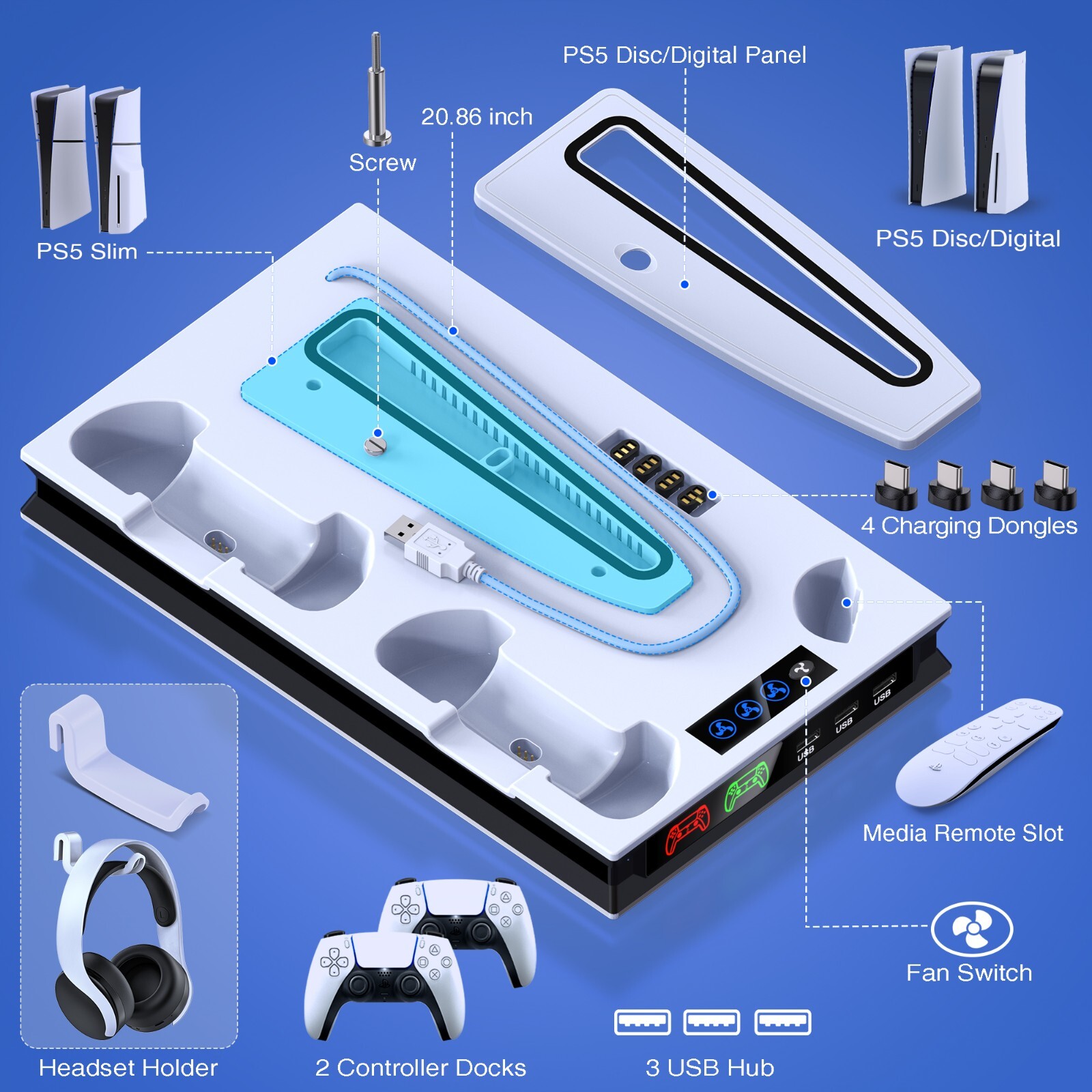 For PS5 Slim&PS5 Edition/Disc Dual Controller Charger Station Stand Cooling Fan