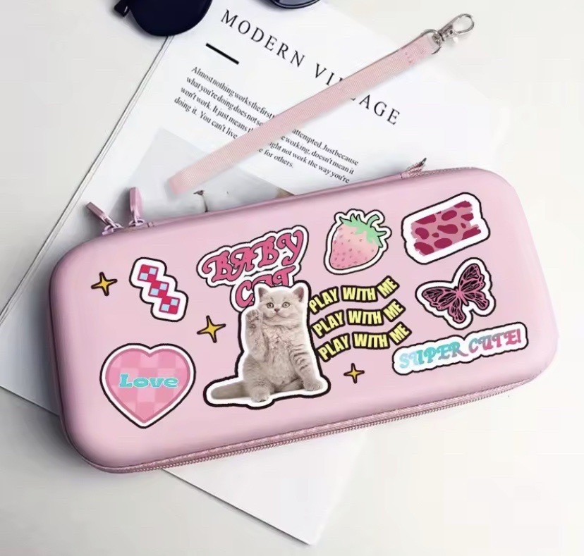 Pink Cute Cat Butterfly NS Lite Protective Case with Lanyard for Women or Girls