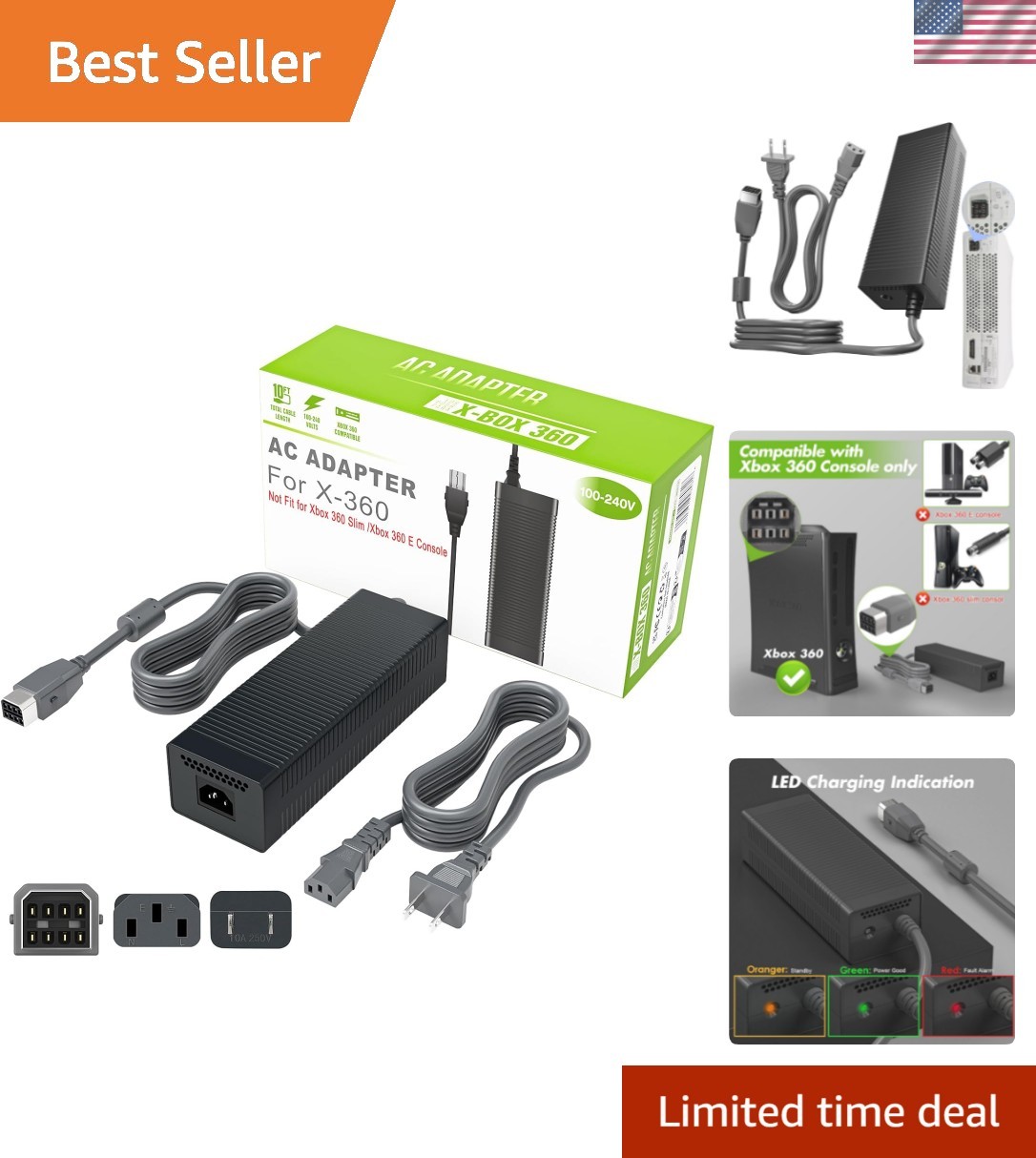 AC Adapter for Xbox 360 Console – 203W Power Supply with LED Indicator