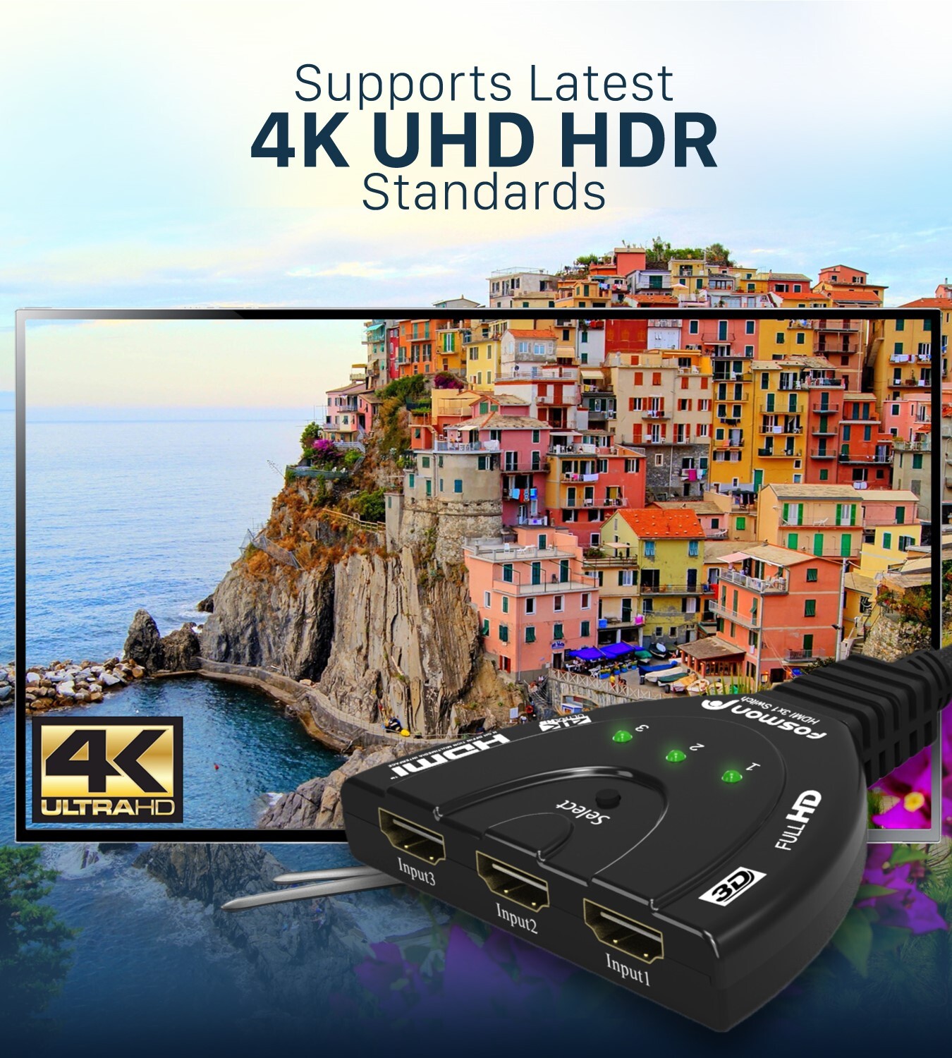 Fosmon 3×1 3 Port 4K UHD HD TV 3D Compact HDMI Switch Hub Splitter Adapter