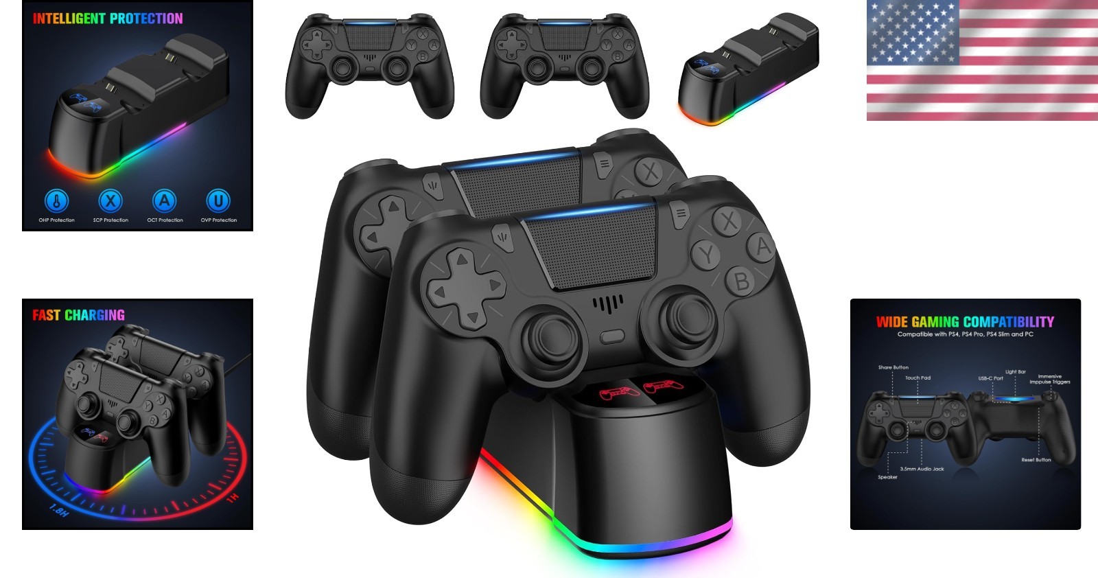 2 Pack PS4 Wireless Controllers with Fast Charging LED Dock, Black