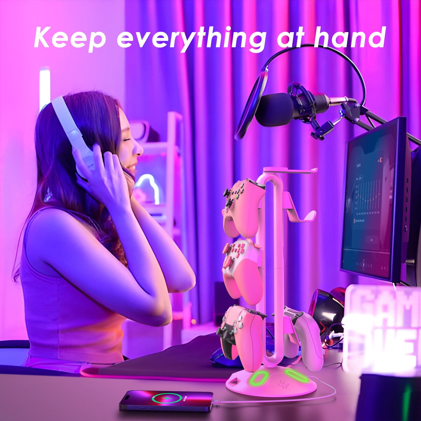 Pink Gaming RGB Headphone Stand with 9 Modes, Controller & USB/Type-C Charger