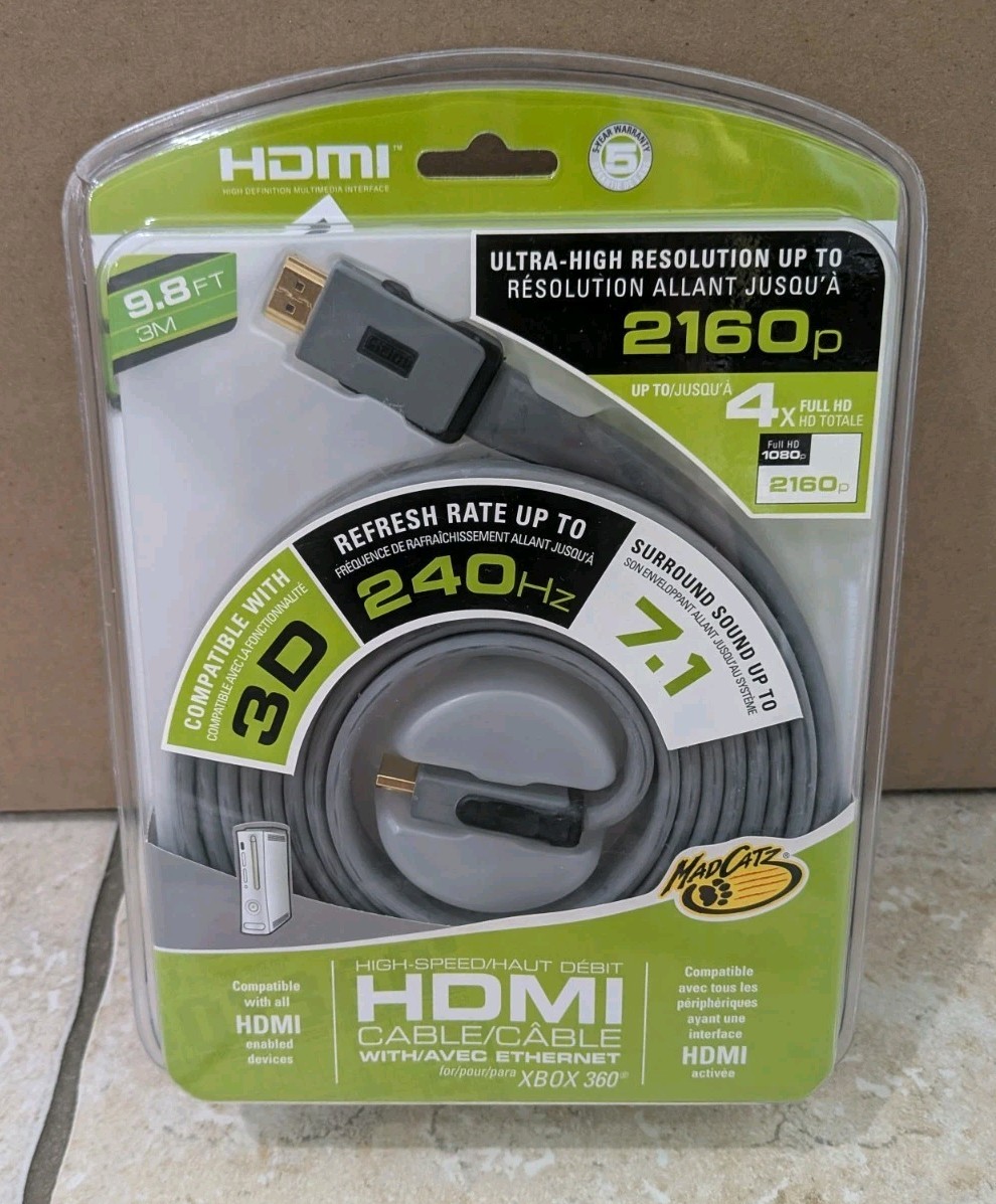 Madcatz 2010 HDMI Cable W/ Ethernet For Xbox 360 9.8 ft – New, Sealed