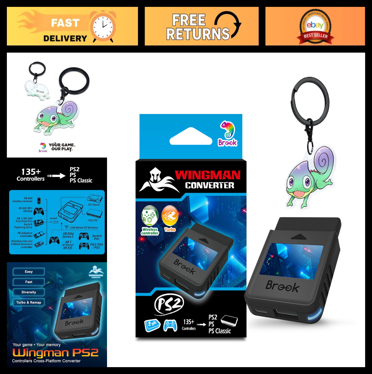 Wireless PS2 Converter Adapter for PS4/PS3/PS1/PS Classic, Xbox & Switch Support