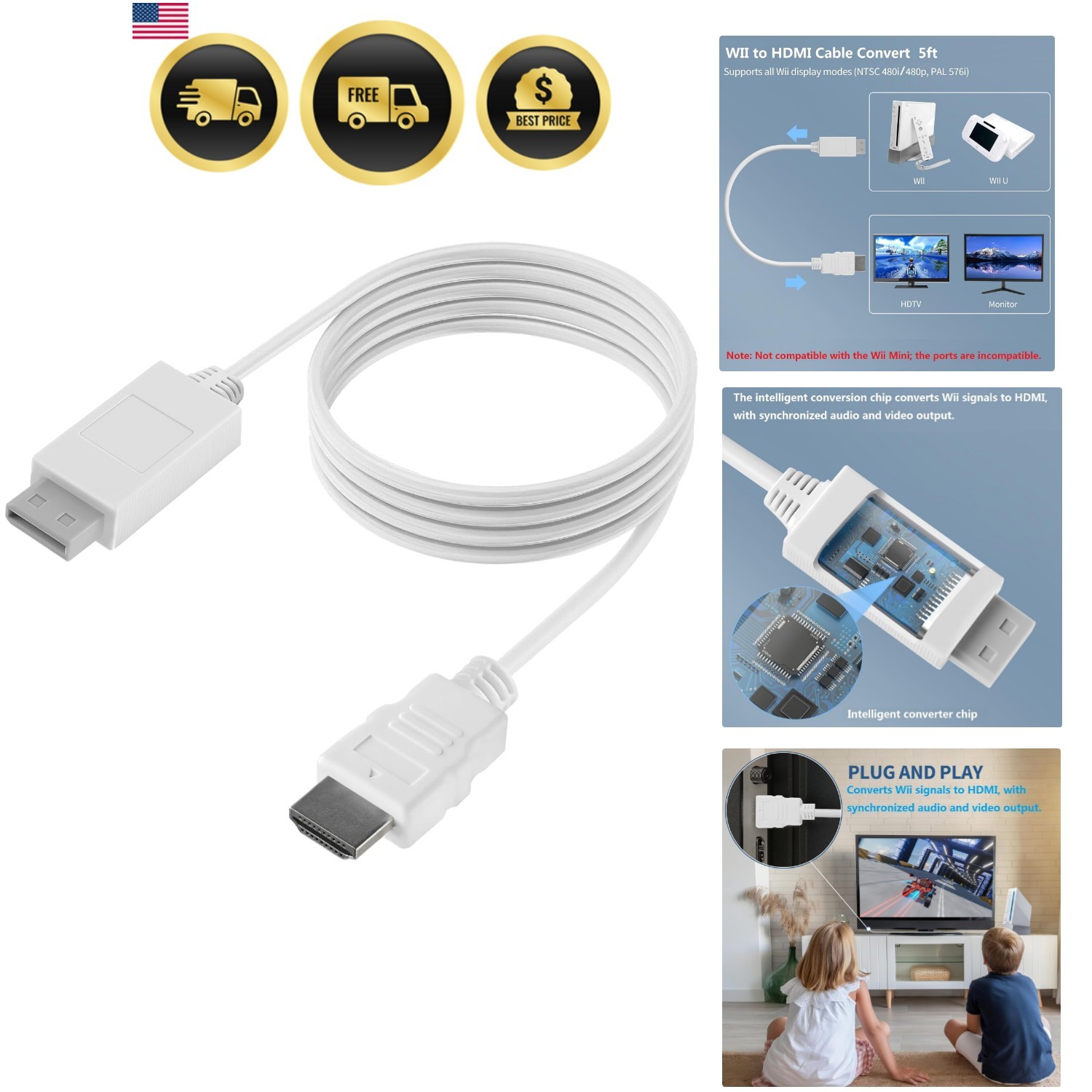 5ft WII to HDMI Converter Cable Adapter,for use with Full HD 1080P Devices wi…