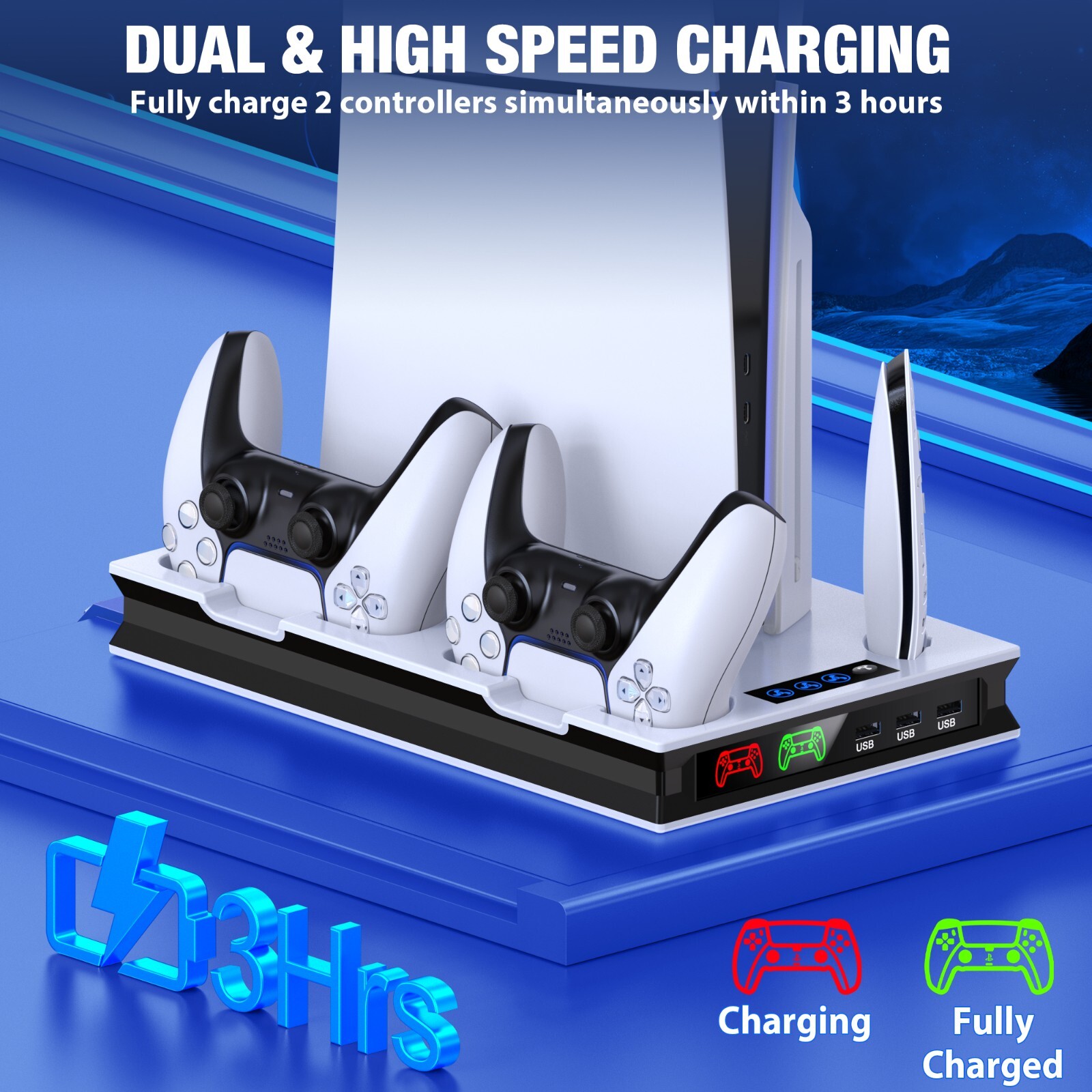 For PS5 Slim&PS5 Edition/Disc Dual Controller Charger Station Stand Cooling Fan