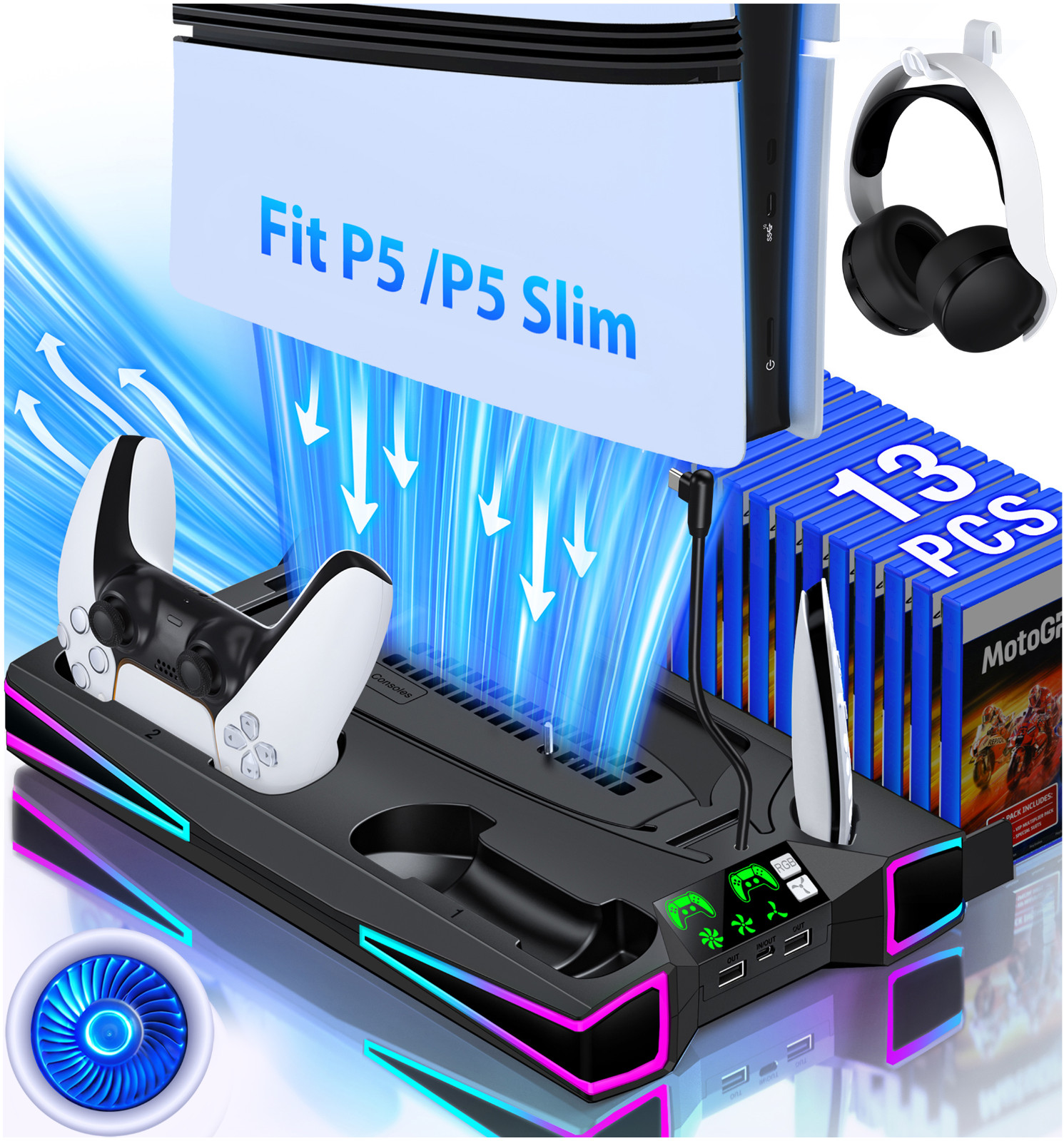 PS5 Stand Cooling Station for PS5/PS5 Slim Console With PS5 Controller Charger