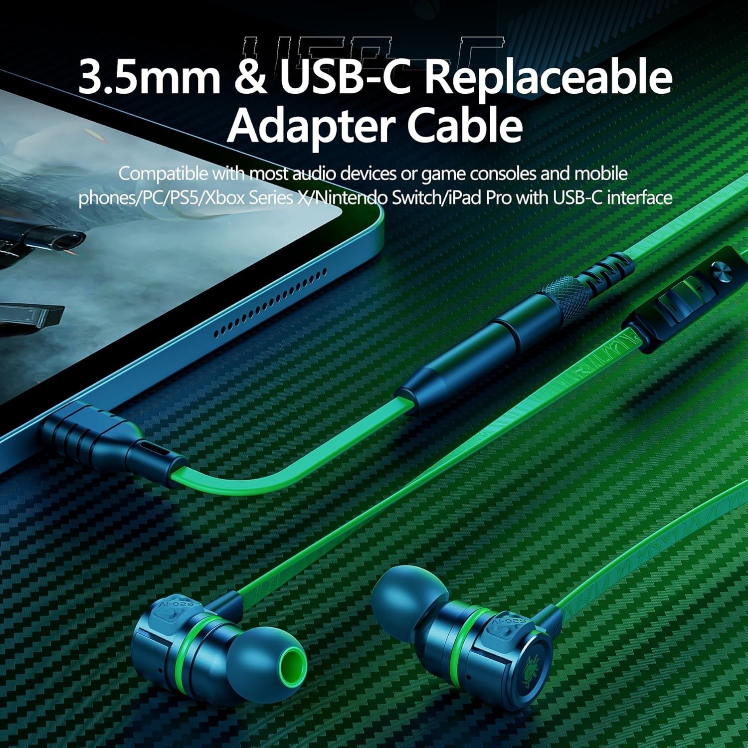 Gaming Earbuds Wired Silicone In Ear 3.5mm USB-C Mic Volume Control Noise Iso…