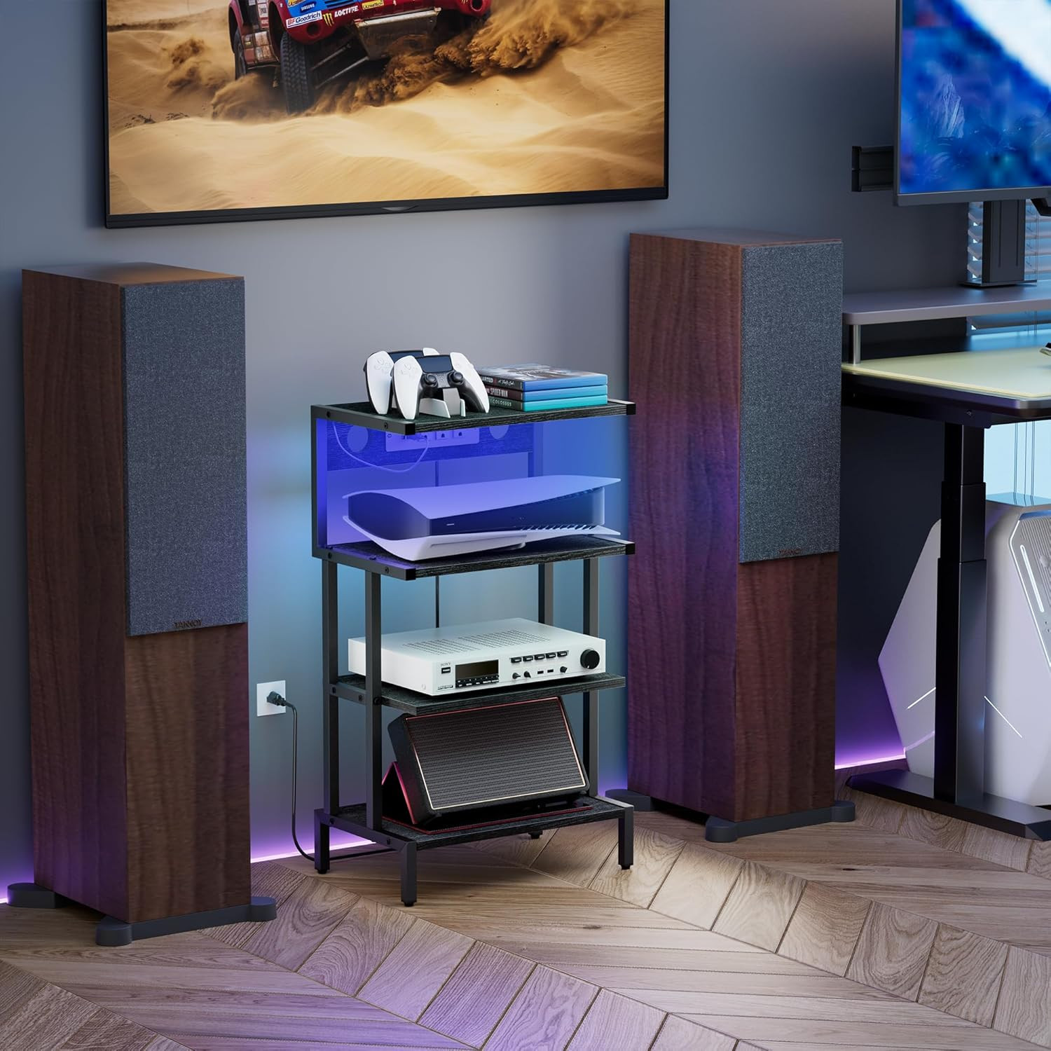Game Console Shelf, 4-Tier Video Gaming Consoles Stand with Outlet & RGB Light,