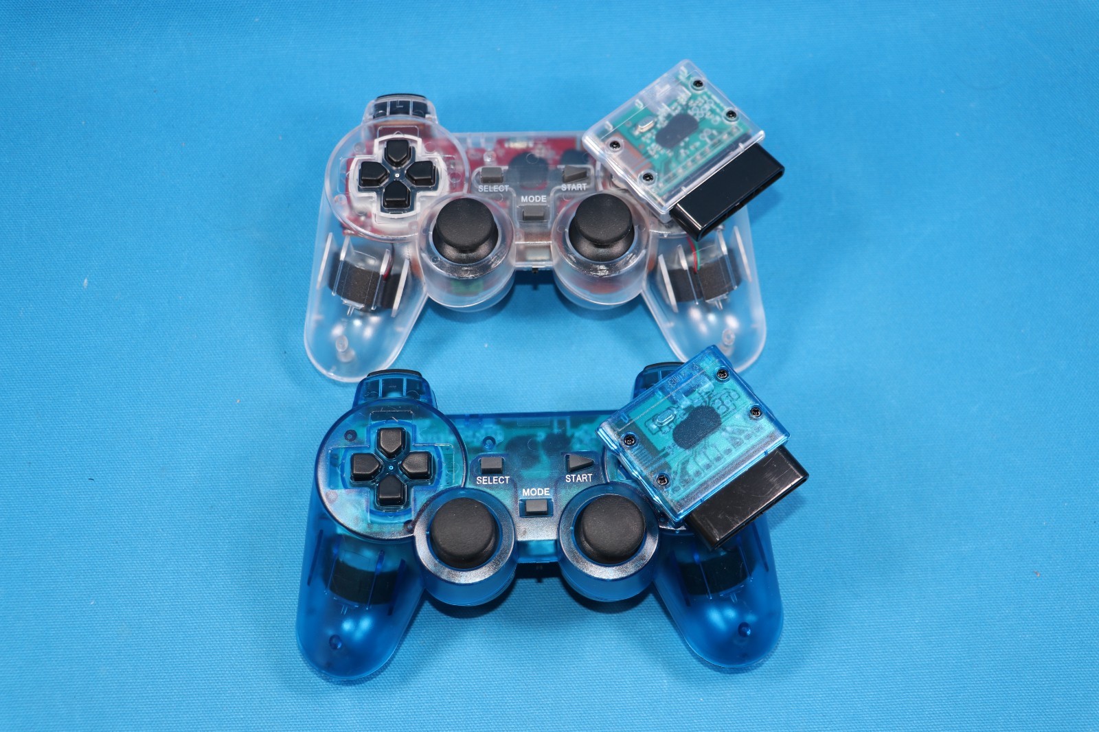 FOR PLAYSTATION 2 PS2/1 Dual Vibration WIRELESS Controller CLEAR & BLUE SET OF 2
