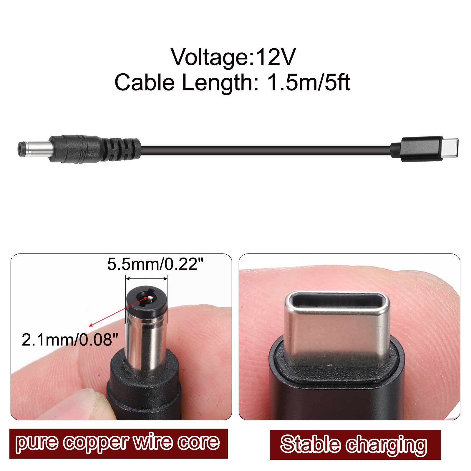 5FT USB C to DC PD Power Fast Charging Cable, 5.5×2.1mm 65W/12V(Black)