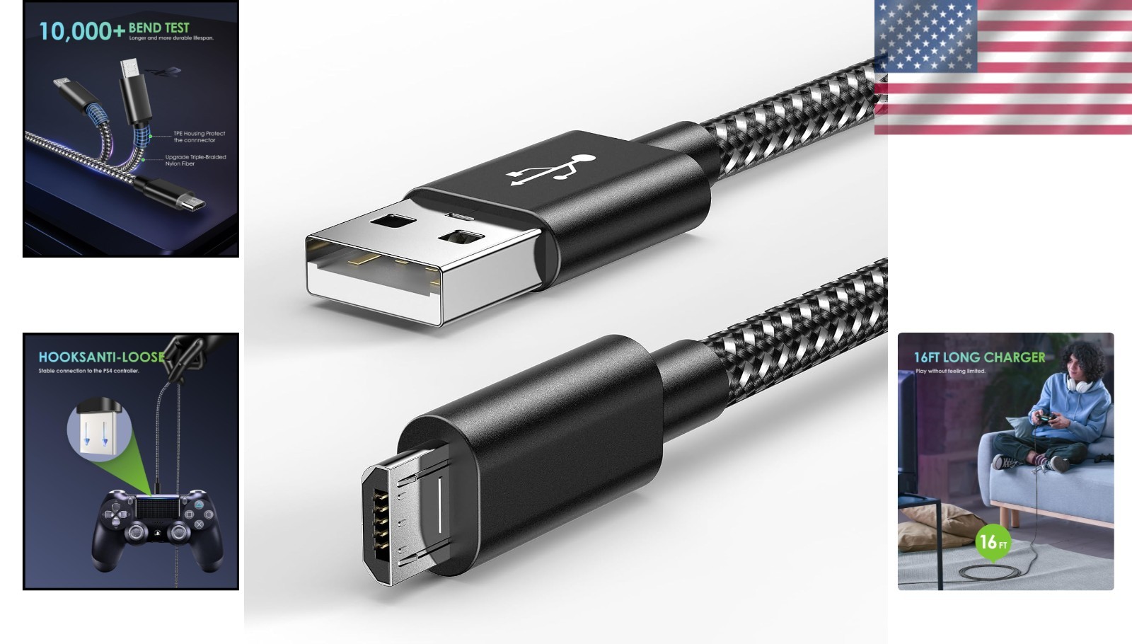 Super Long 16 FT Micro USB Cable for PS4 and Xbox Controllers – High Speed