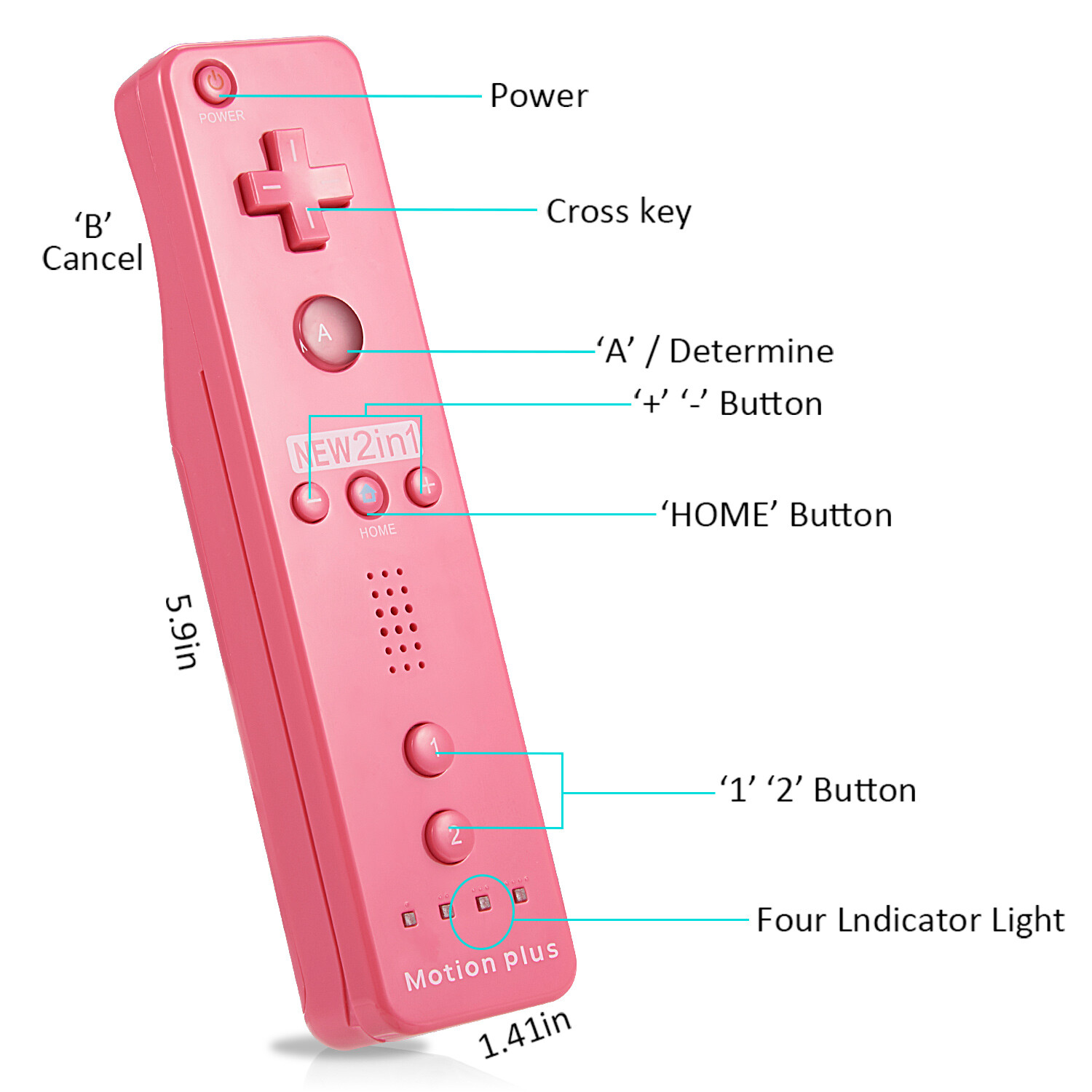 2 X Built in Motion Plus Pink Remote Controller+Nunchuck For Wii&Wii U Console