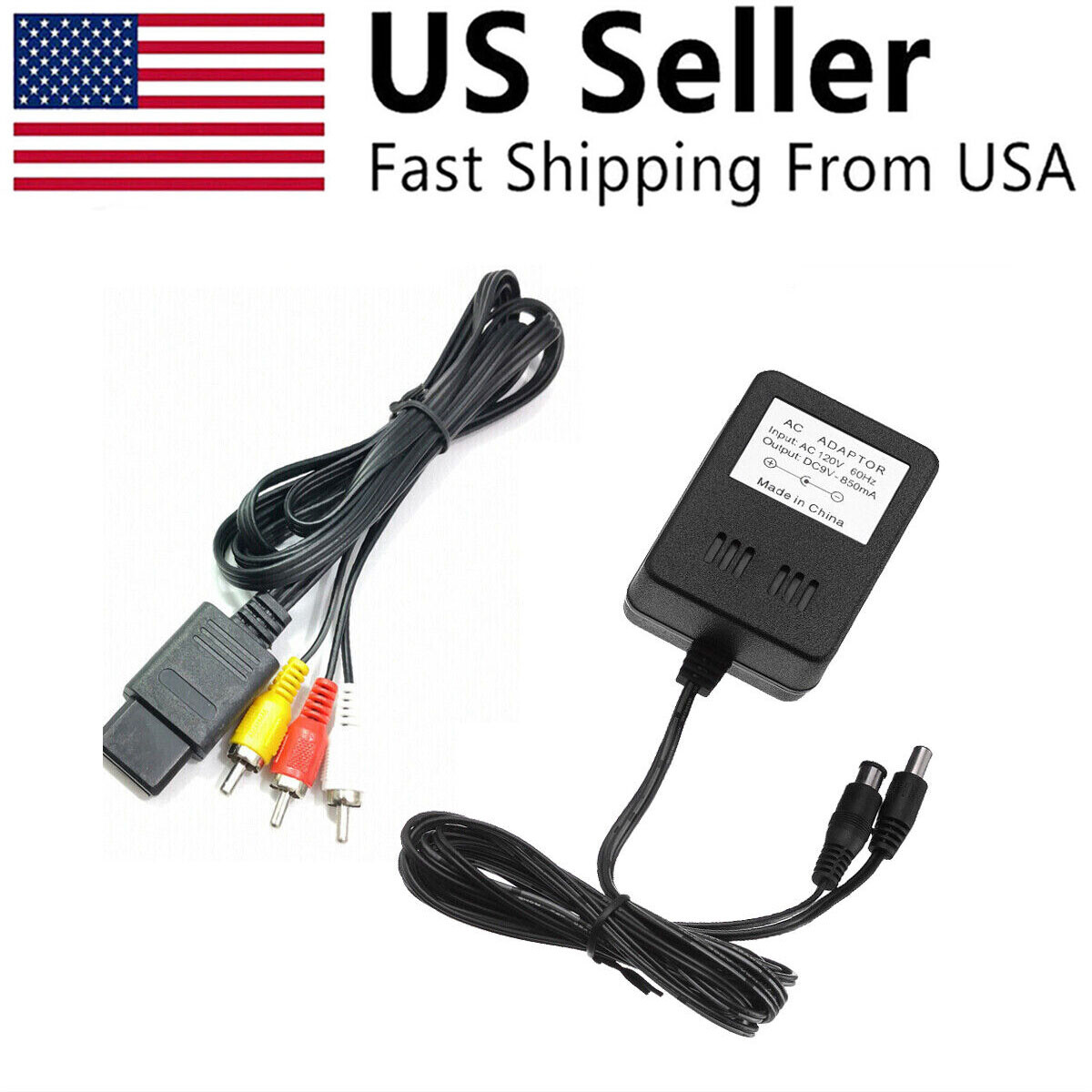 Audio AV RCA+AC Cable Power Supply Adapter Cord For Super Nintendo SNES Game Set