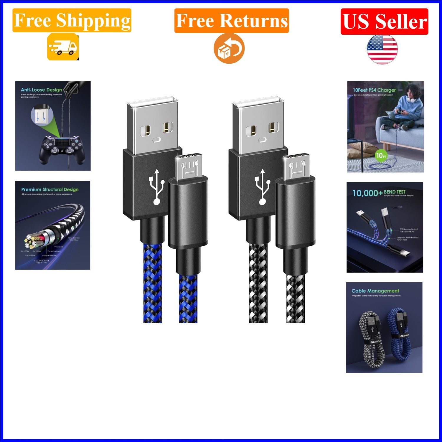 2 Pack 10ft Micro USB Charging Cables for PS4/Xbox Controllers, Black-Blue