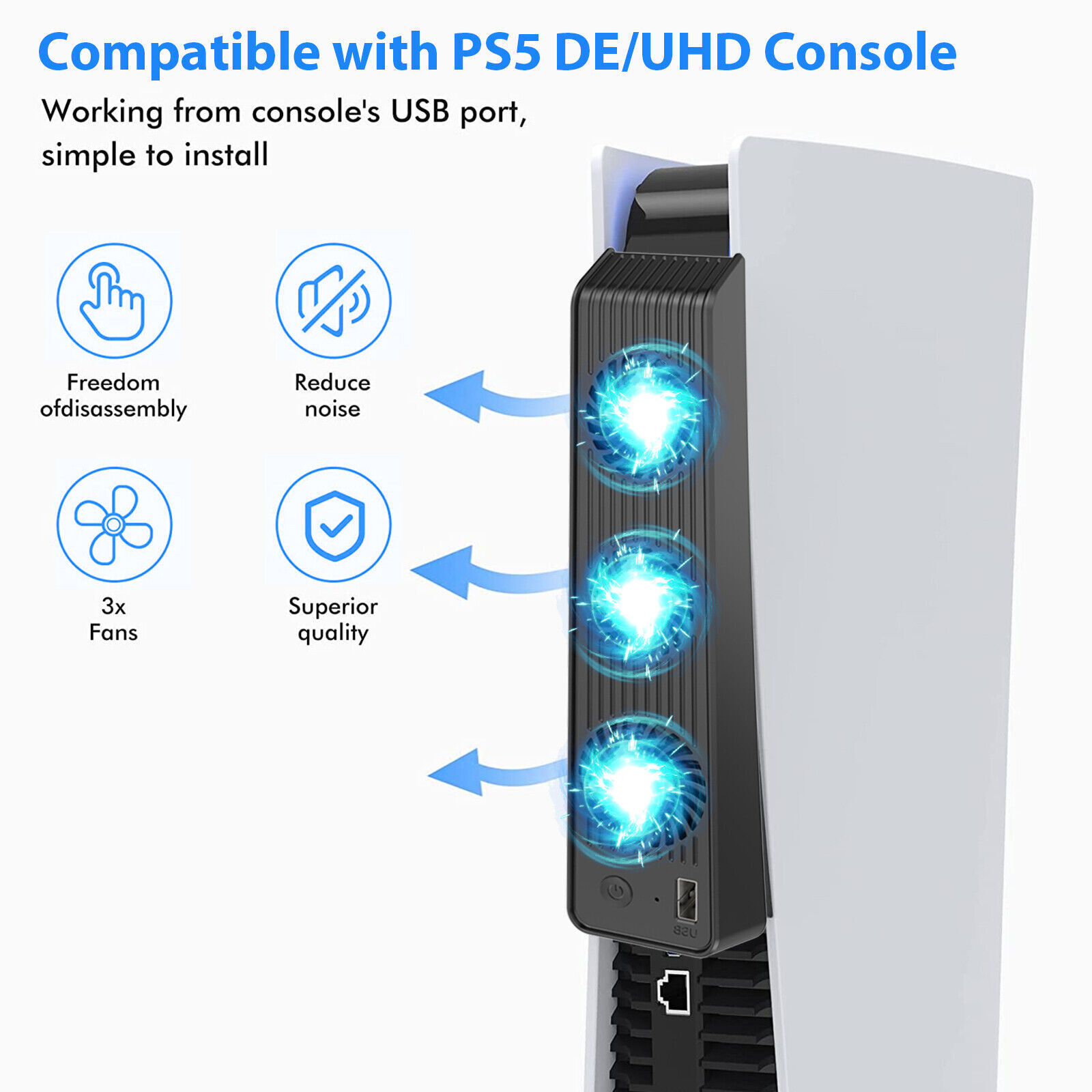 3 Blue LED Indicators On For PS5 PlayStation 5 Cooling Fan Stylish Touch