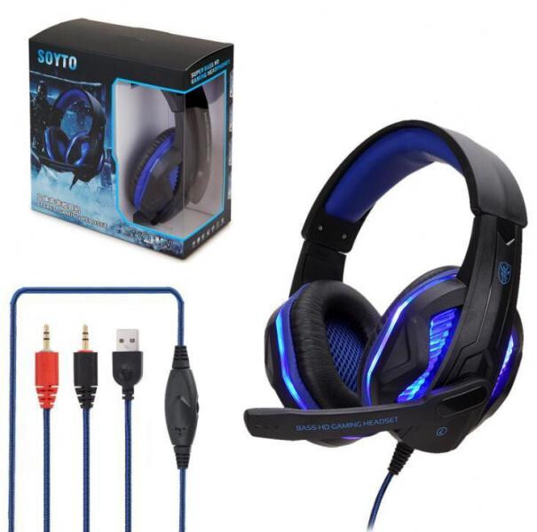 New Wired Gaming Headset PC, Blue LED, Extra Bass Omni Mic, USB, 3.5mm