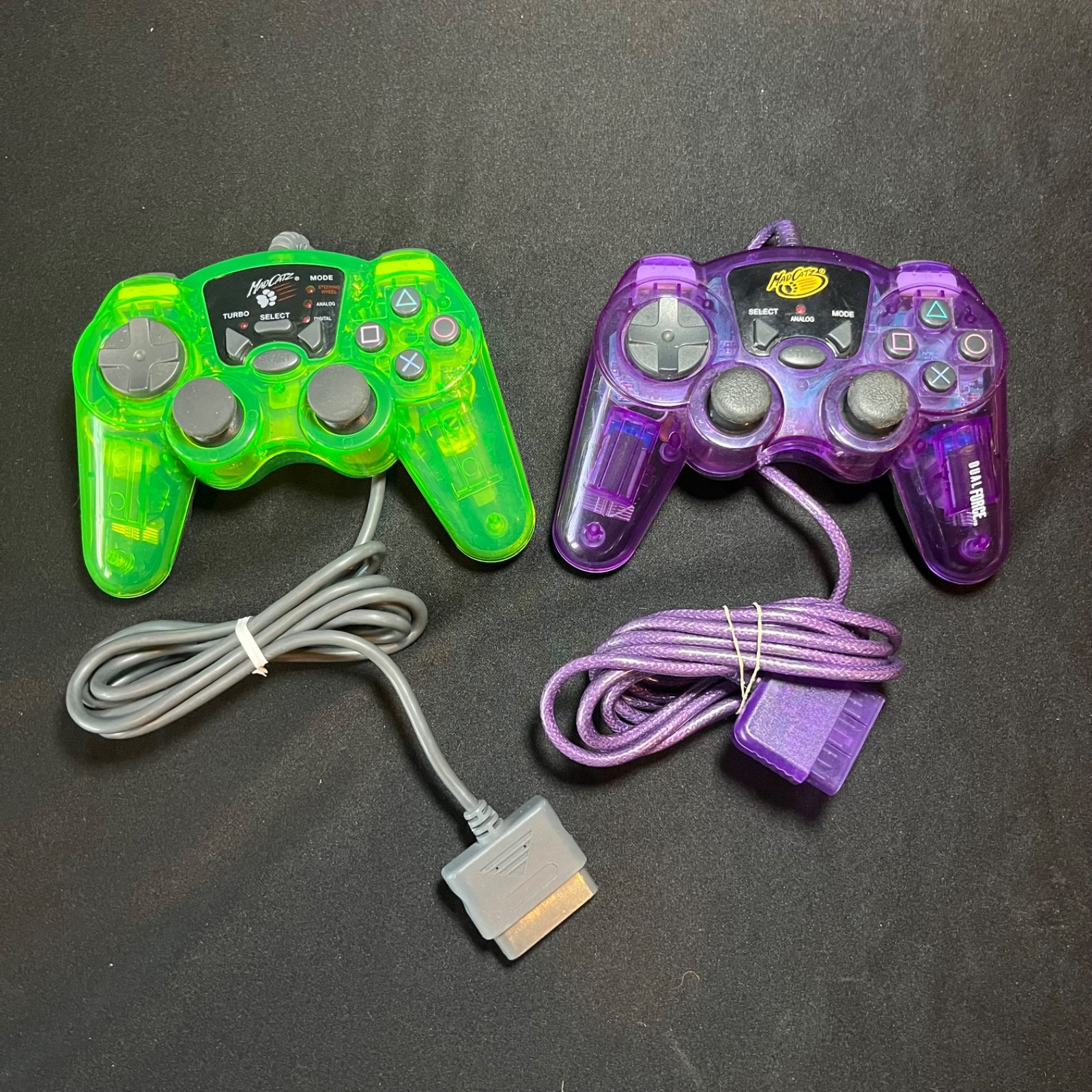 PlayStation 2 Mad Catz Dual Force Controllers LOT Clear Purple & Clear Green PS2