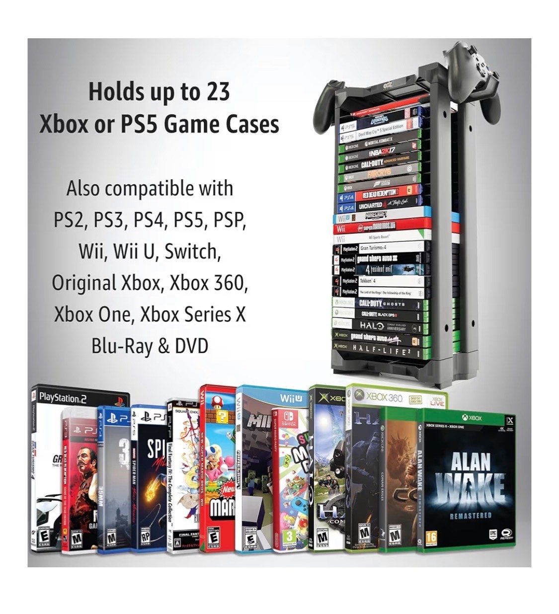 Universal Game Holder – 23 Game Storage Tower Rack for PS2 PS3 PS4 PS5 PSP Xbox