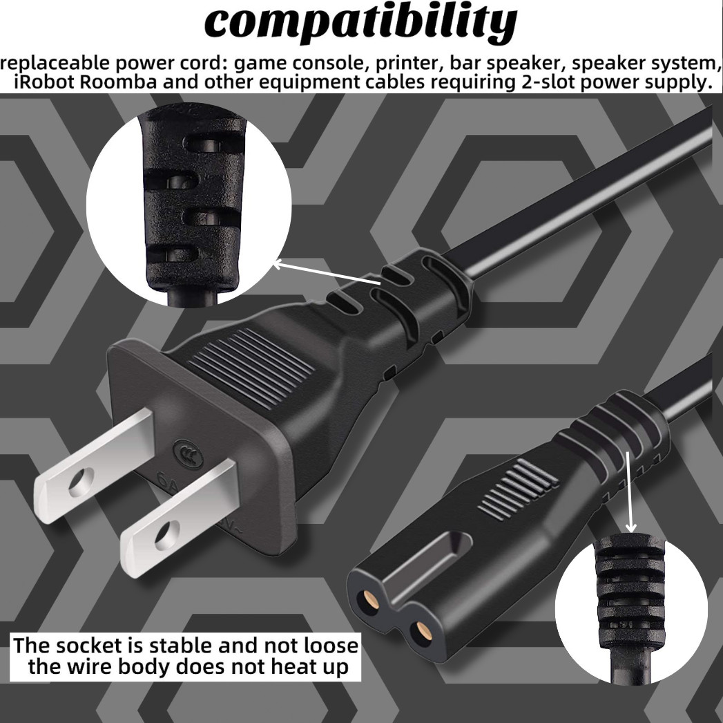2 Prong Ac Power Cord Cable Super Slim Compatible With Laptop PS4 PS3 PS2, 3FT