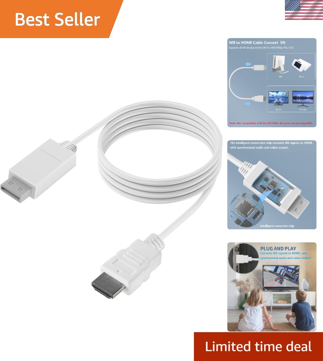 5ft WII to HDMI Converter Cable Adapter,for use with Full HD 1080P Devices wi…