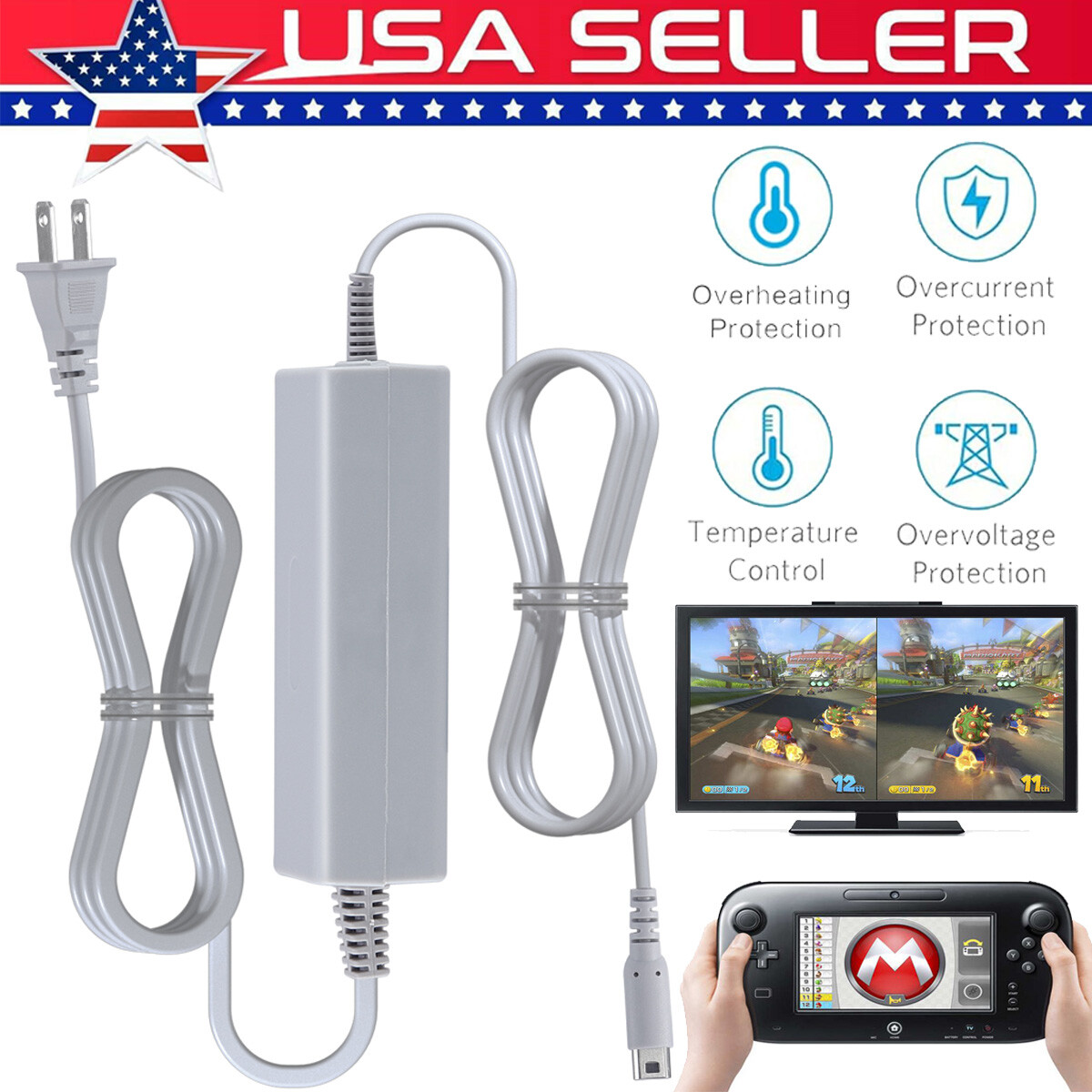 Power Supply AC Adapter Charger for Nintendo Wii U Console Gamepad US Plug