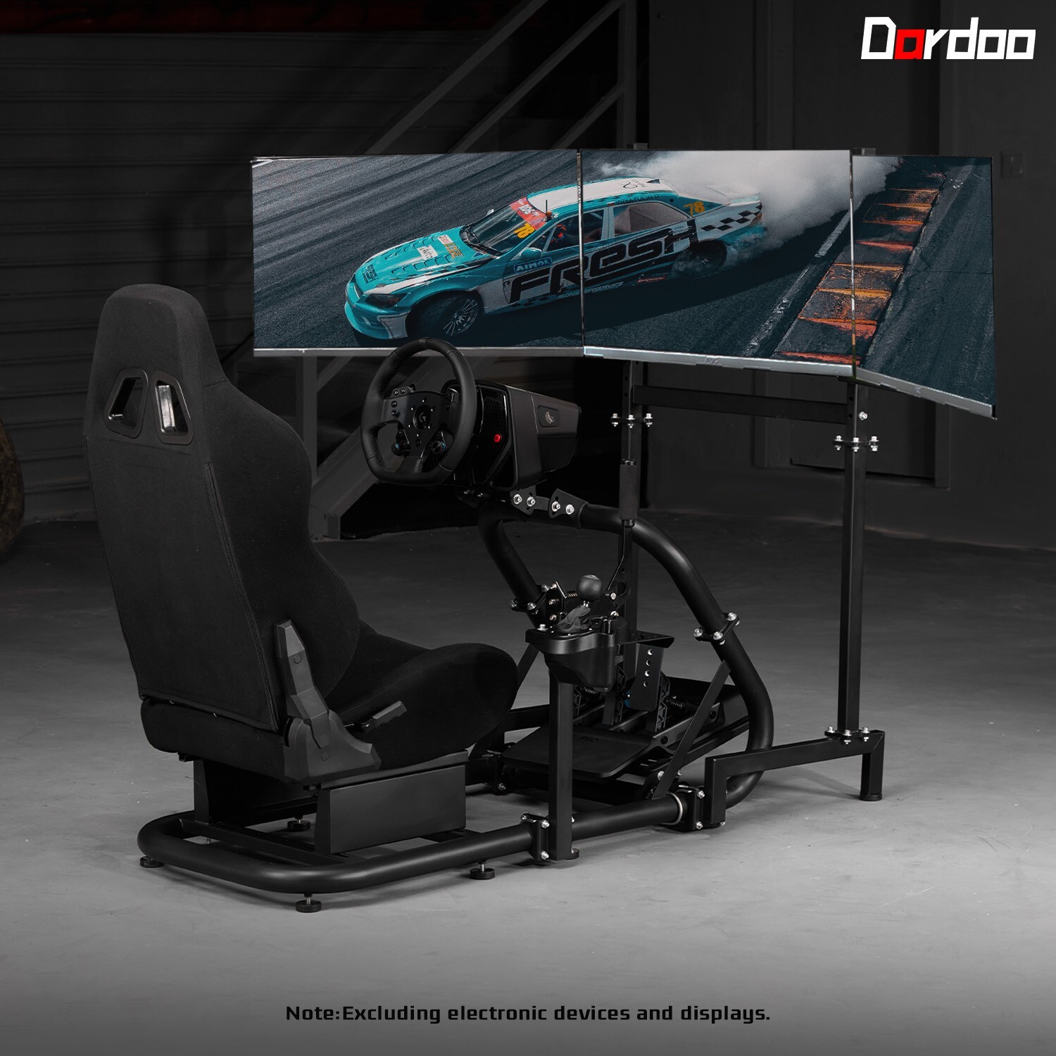 Dardoo Racing Sim Cockpit with Triple Monitor Stand and Black Seat Fit for G29