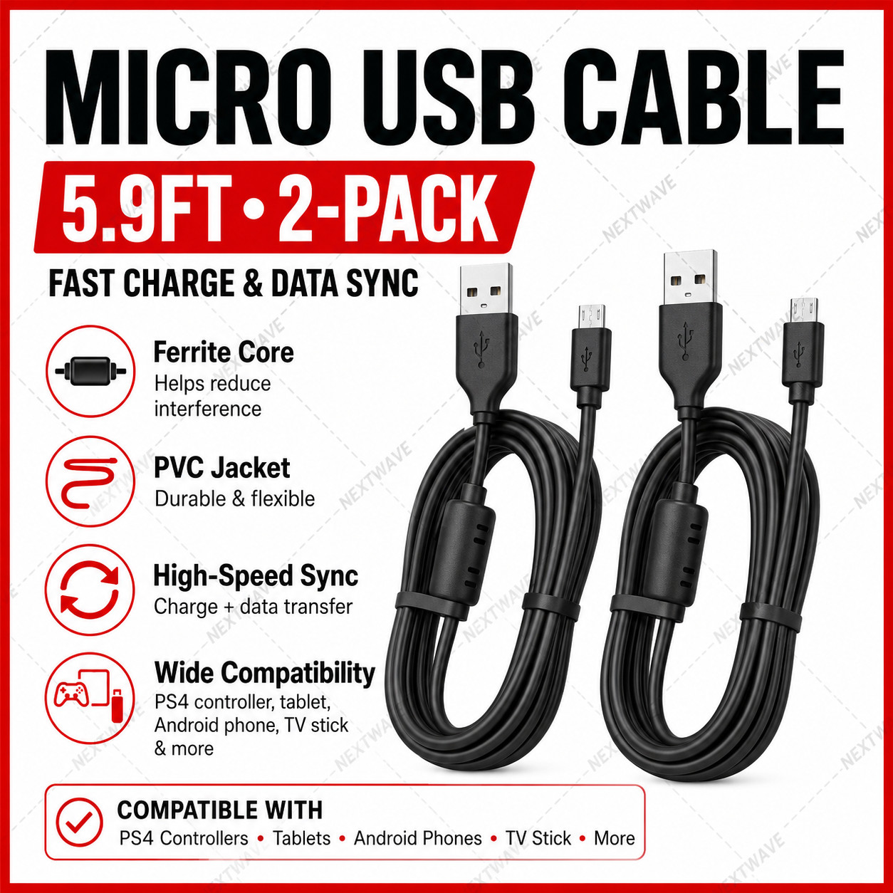 USB Charging & Data Cable for PlayStation 4 – 6 Feet