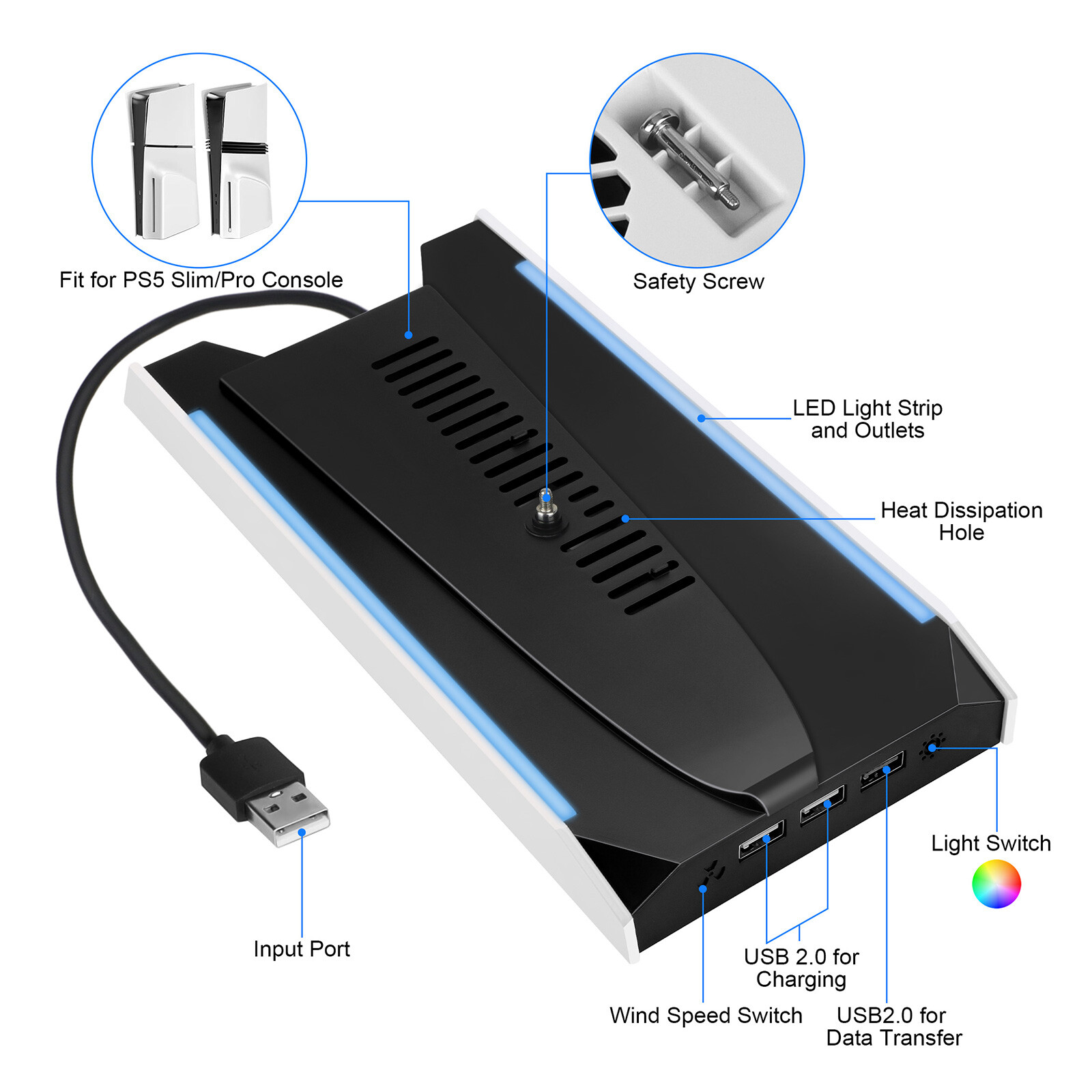 RGB Cooling Fan Stand for PS5 Slim/Pro Console w/ Adjustable Fan Speed USB Port