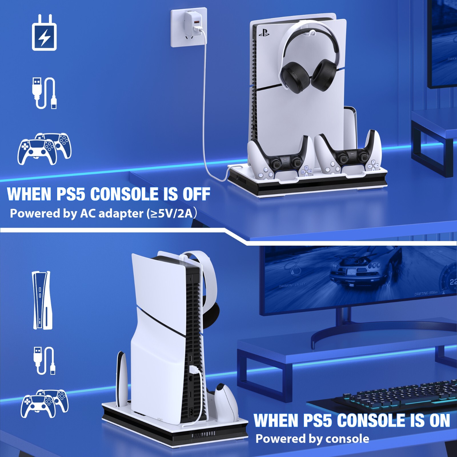 For PS5 Slim&PS5 Edition/Disc Dual Controller Charger Station Stand Cooling Fan