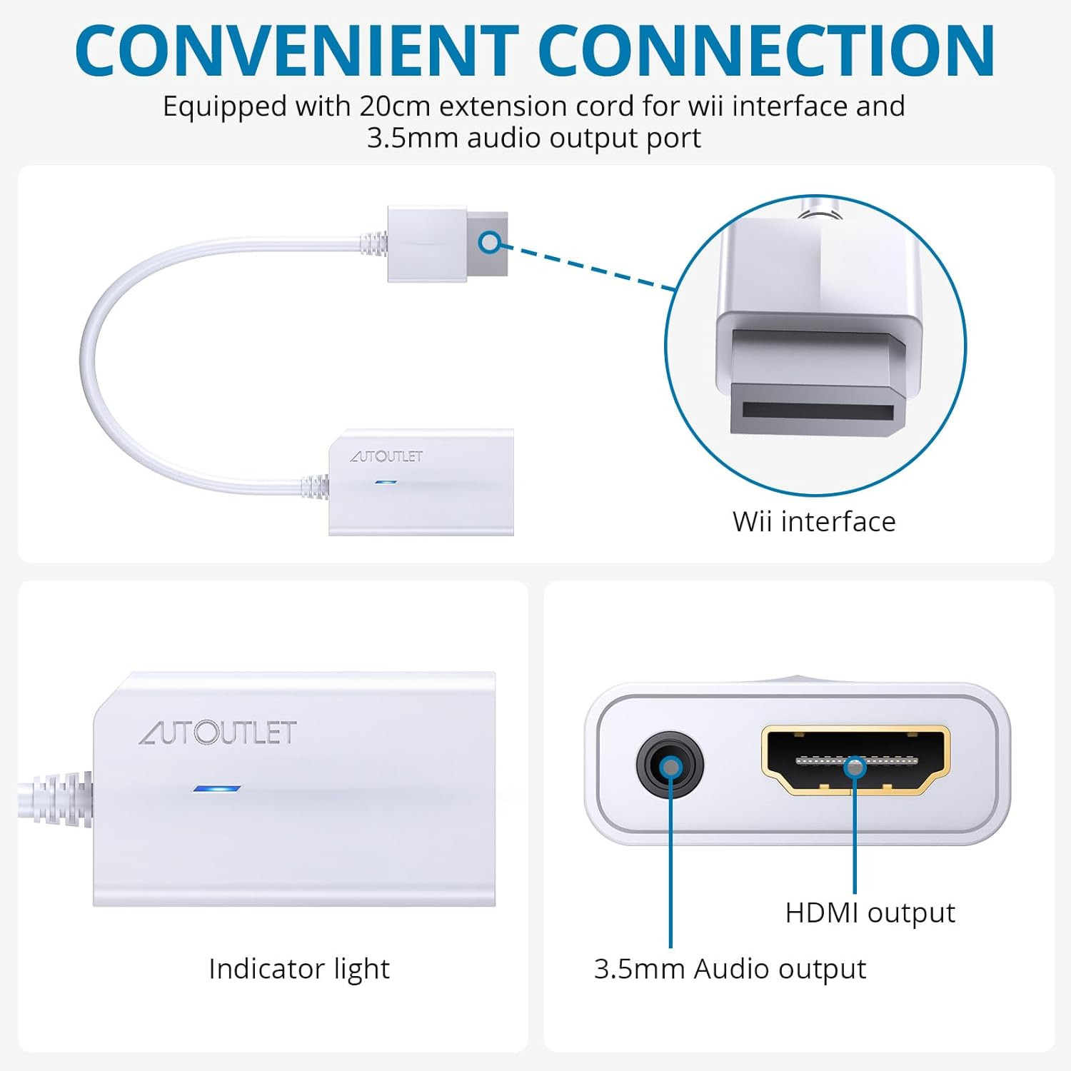 Wii to HDMI Converter 1080P for Full HD Device, Wii HDMI Adapter with 3,5Mm Audi