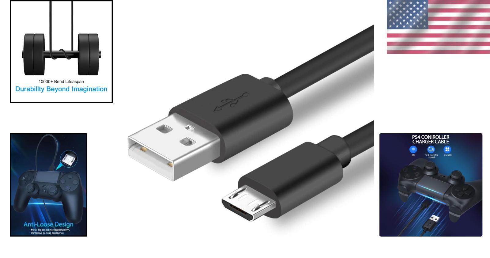 3ft Micro USB Charging Cable for PS4 & Xbox Controllers – Play While Charging!