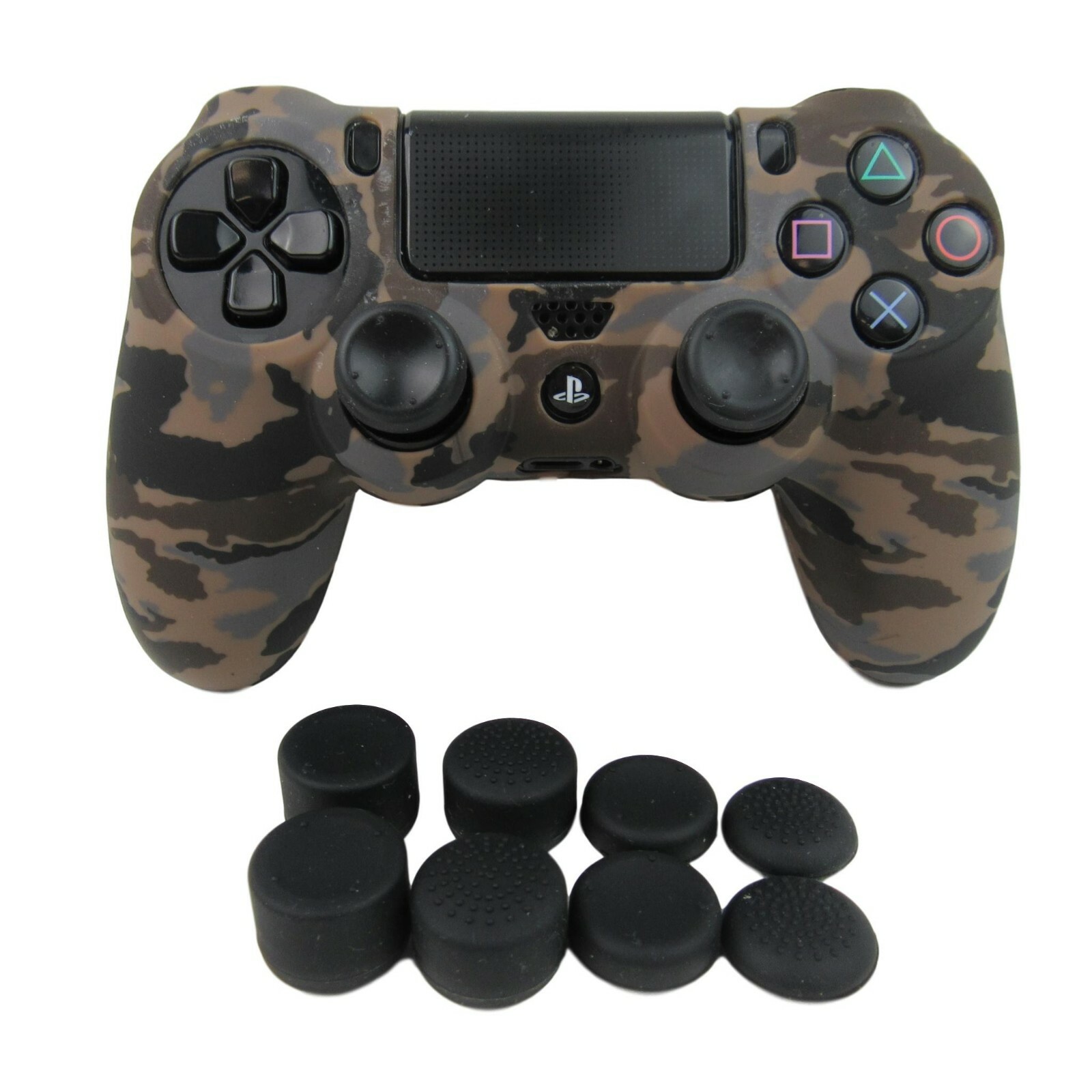 Silicone Grip Brown Camo Non Slip + (8) Thumb Grip Caps For PS4 Controller