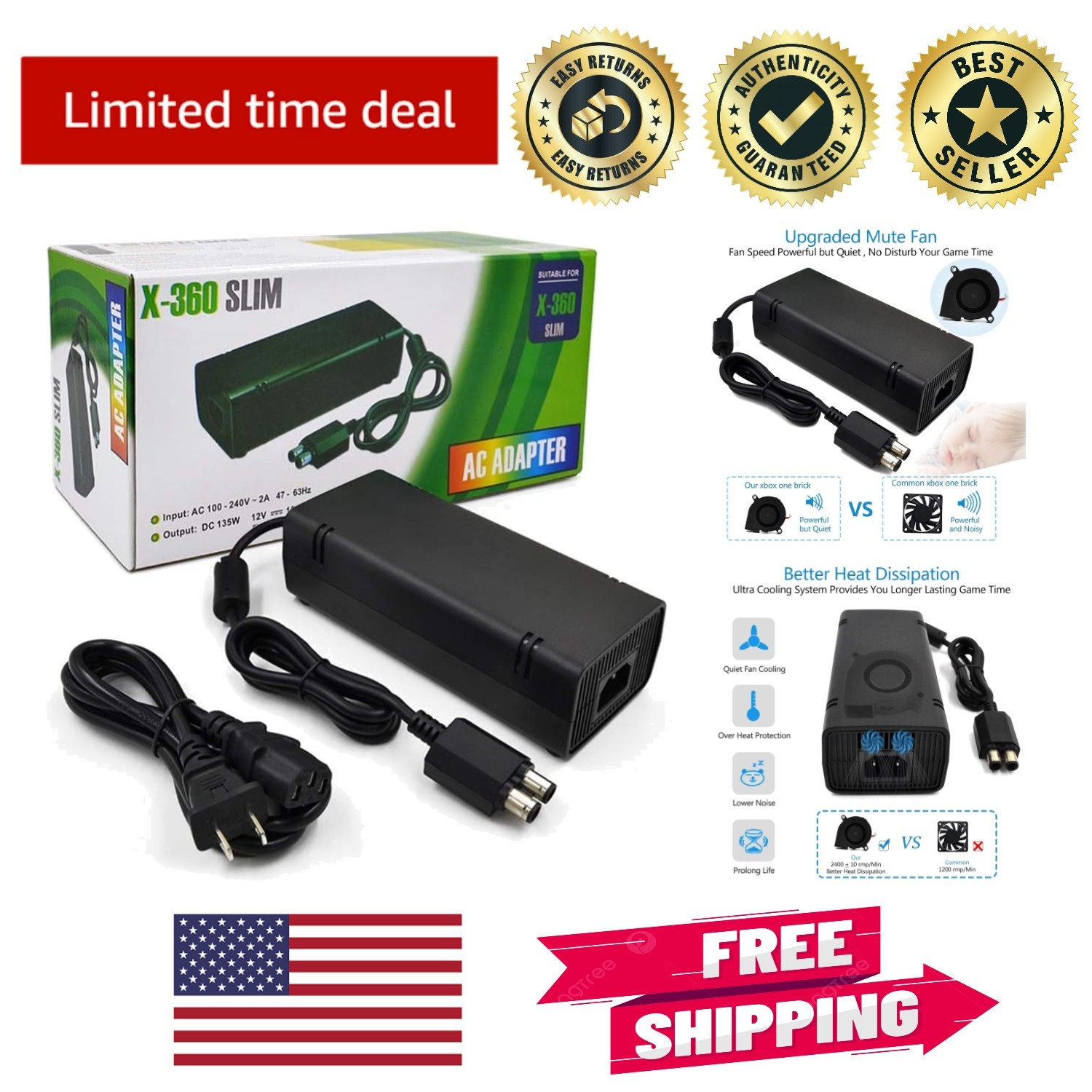 Xbox 360 Slim Power Supply Brick – Quiet Charging with Fan Technology