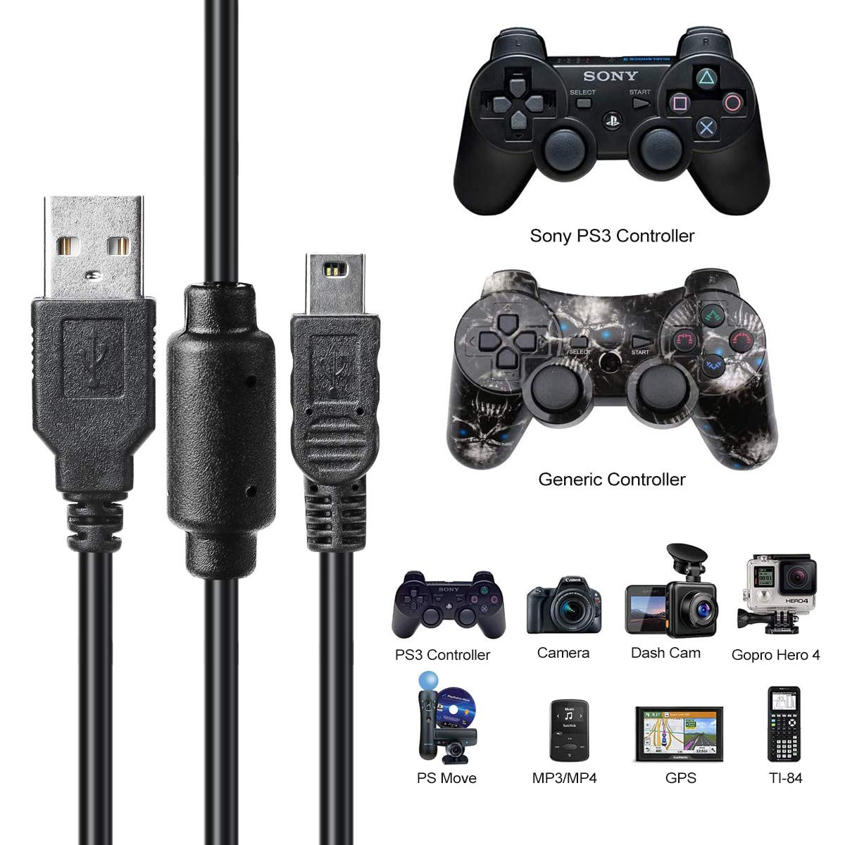 VSEER 2 Pack 10Ft PS3 Controller Charger Cable – Mini USB Data Charging Cord for